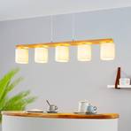 Castralvo hanging light, length 115 cm, wood/white, 5-bulb, fabric