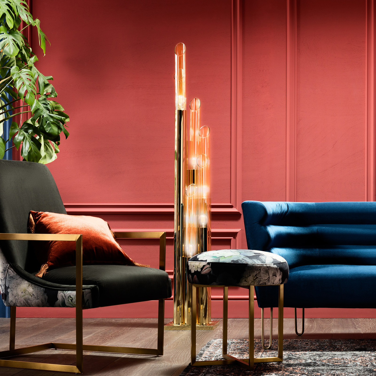 Kare Pipe Gold floor lamp, for Living / Dining Room, stainless steel, glass, E27, 4 W, energy efficiency: A, L: 30 cm, W: 30 cm, H: 175 cm