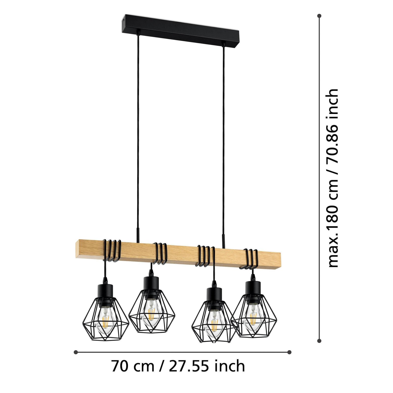 Townshend pendant light, length 70 cm, black/oak, 4-bulb.