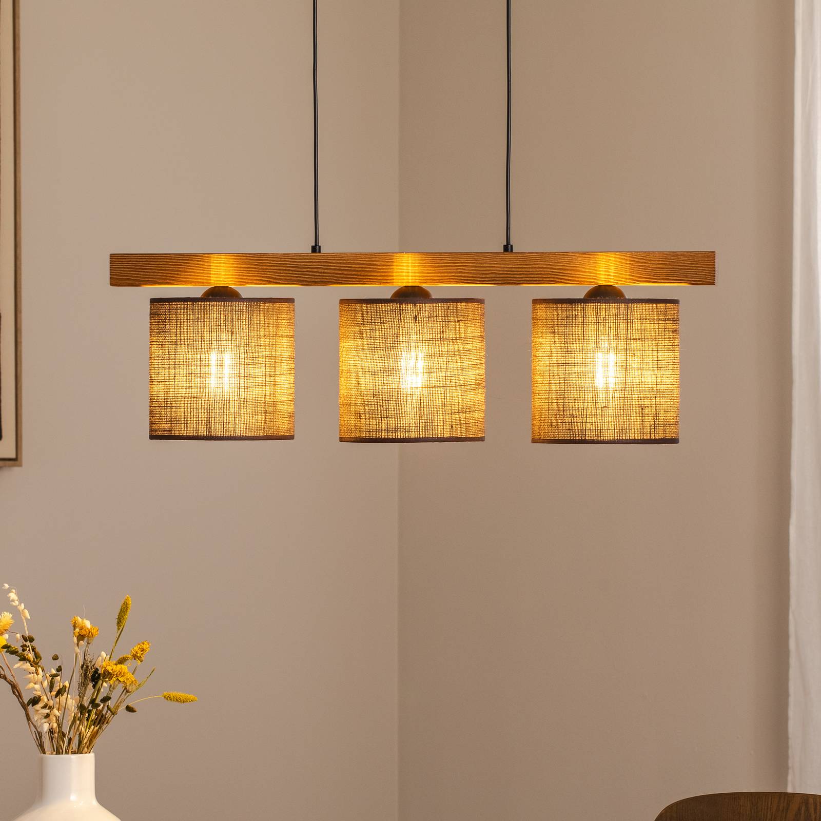 Pendellampe Forest, Holz hell/schwarz, Jute braun, 3-fl. günstig online kaufen