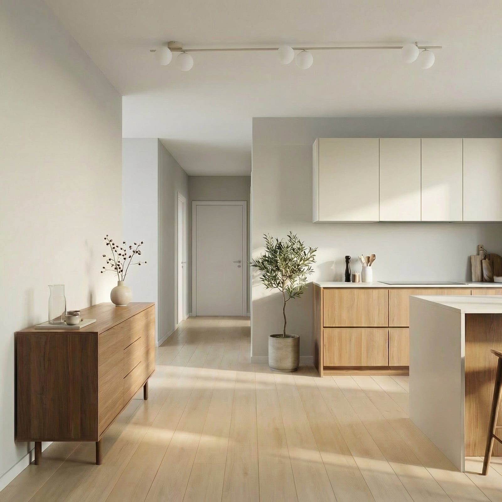 Plafondlamp Imelo, crème, 6-lamps, glas, lengte 200 cm