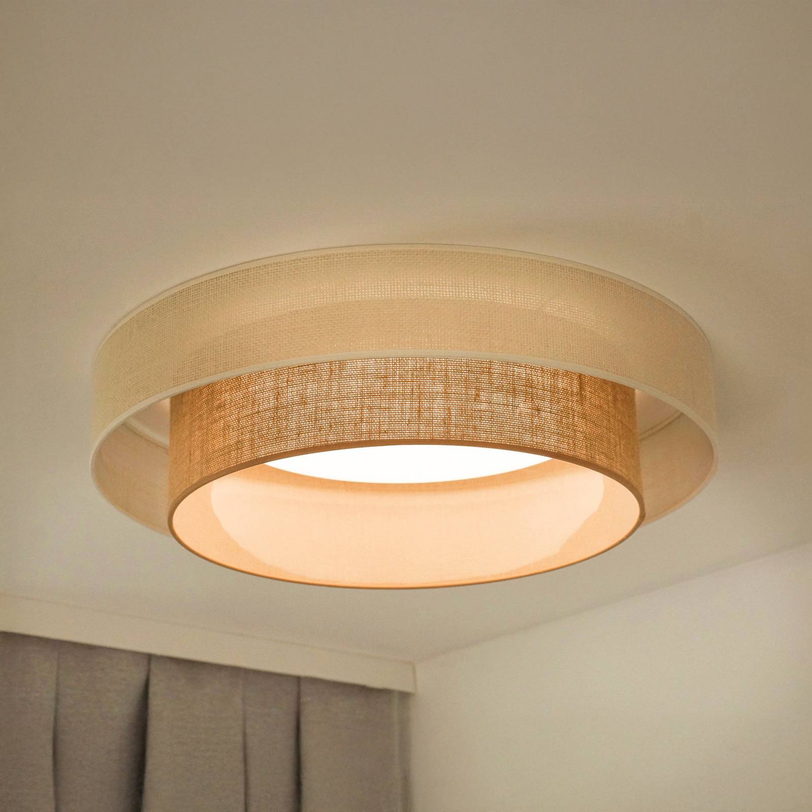 Lampa sufitowa LED Luneta, juta, biała/brązowa, Ø 60 cm, ściemniana 3-stopniowo