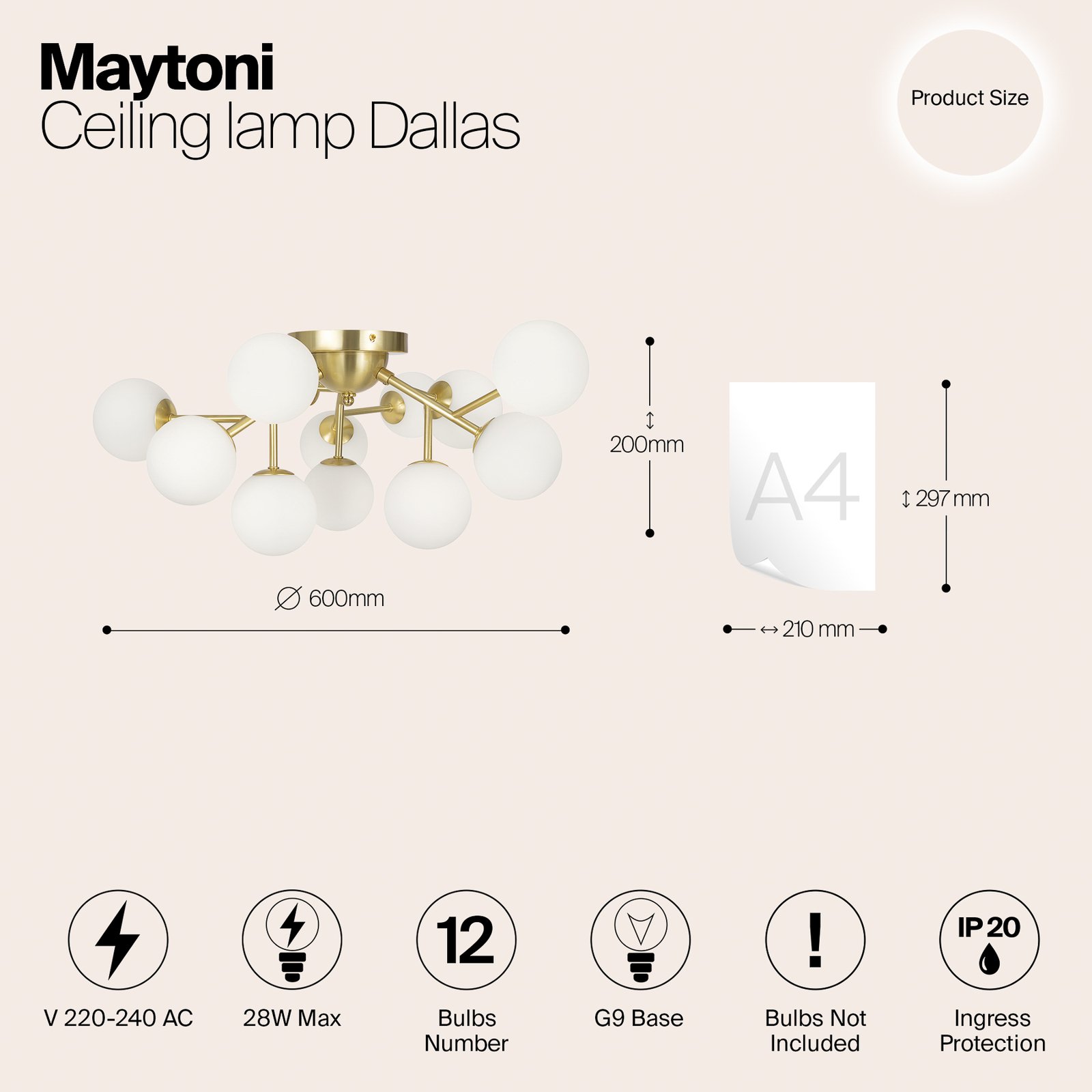 Candeeiro de teto Maytoni Dallas, 12 lâmpadas, cor de ouro/branco