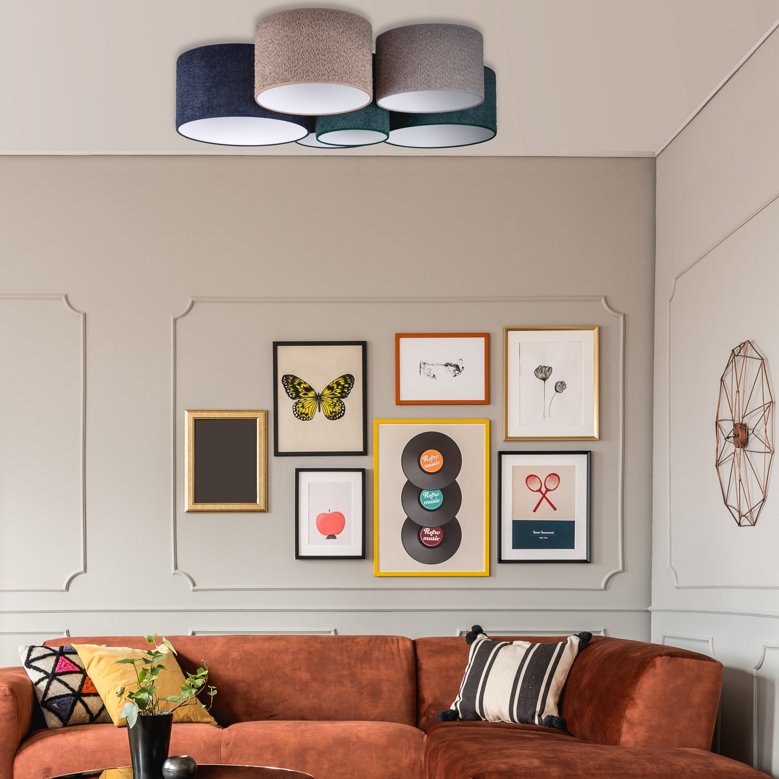 Bouclé ceiling 6-bulb blue/green/cappuccino/grey