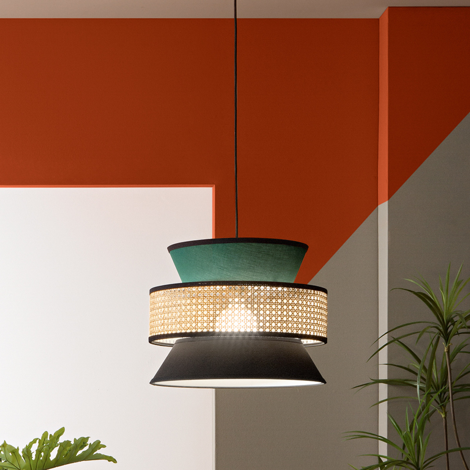 Luce Ambiente Design Lampă suspendată Gazebo verde/negru/natur Ø 40 cm țesătură/rattan - Camera de zi / sufragerie - verde negru natur - Țesătură / Textil