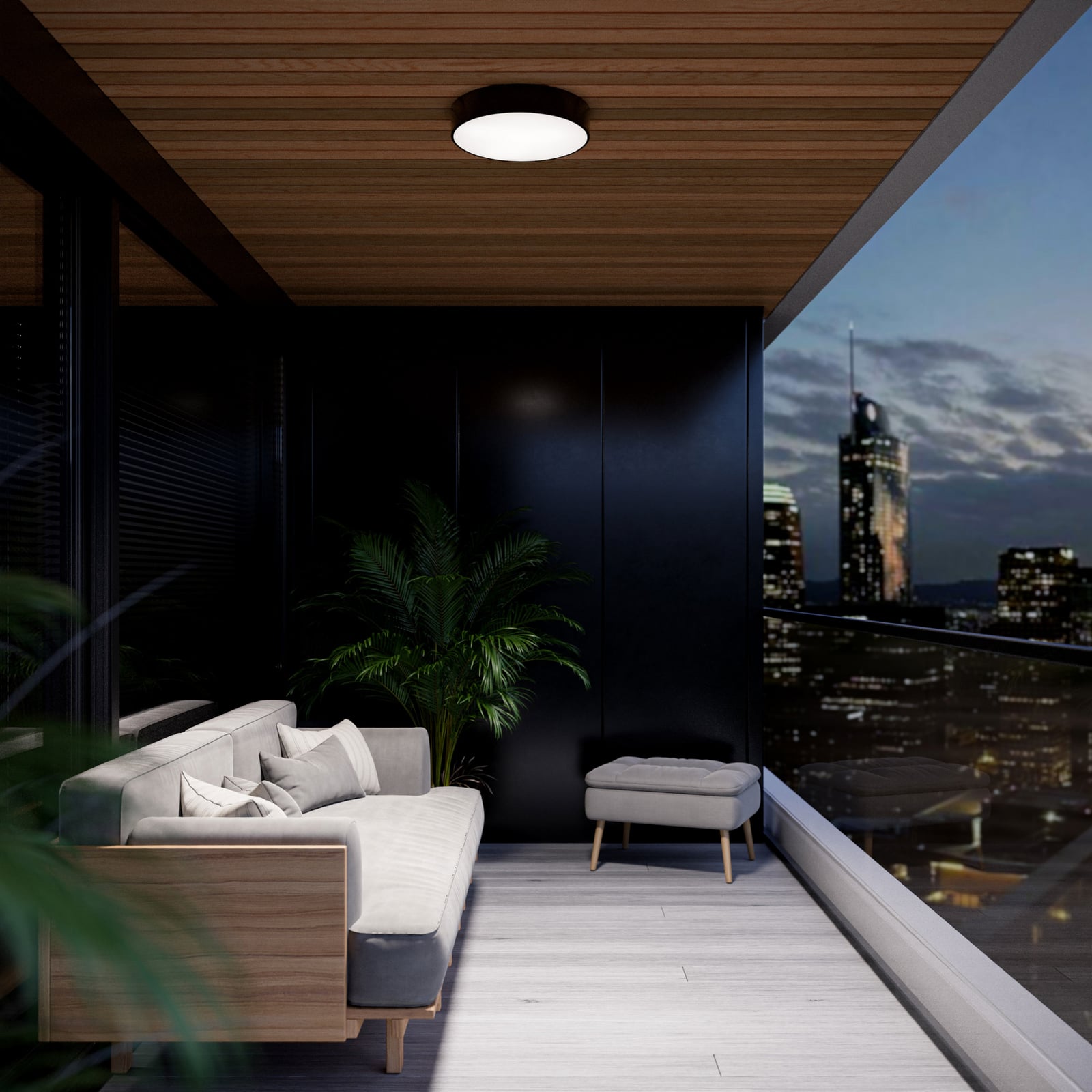 Cleo 300 ceiling lamp, black, sensor, IP54, Ø 30 cm, metal