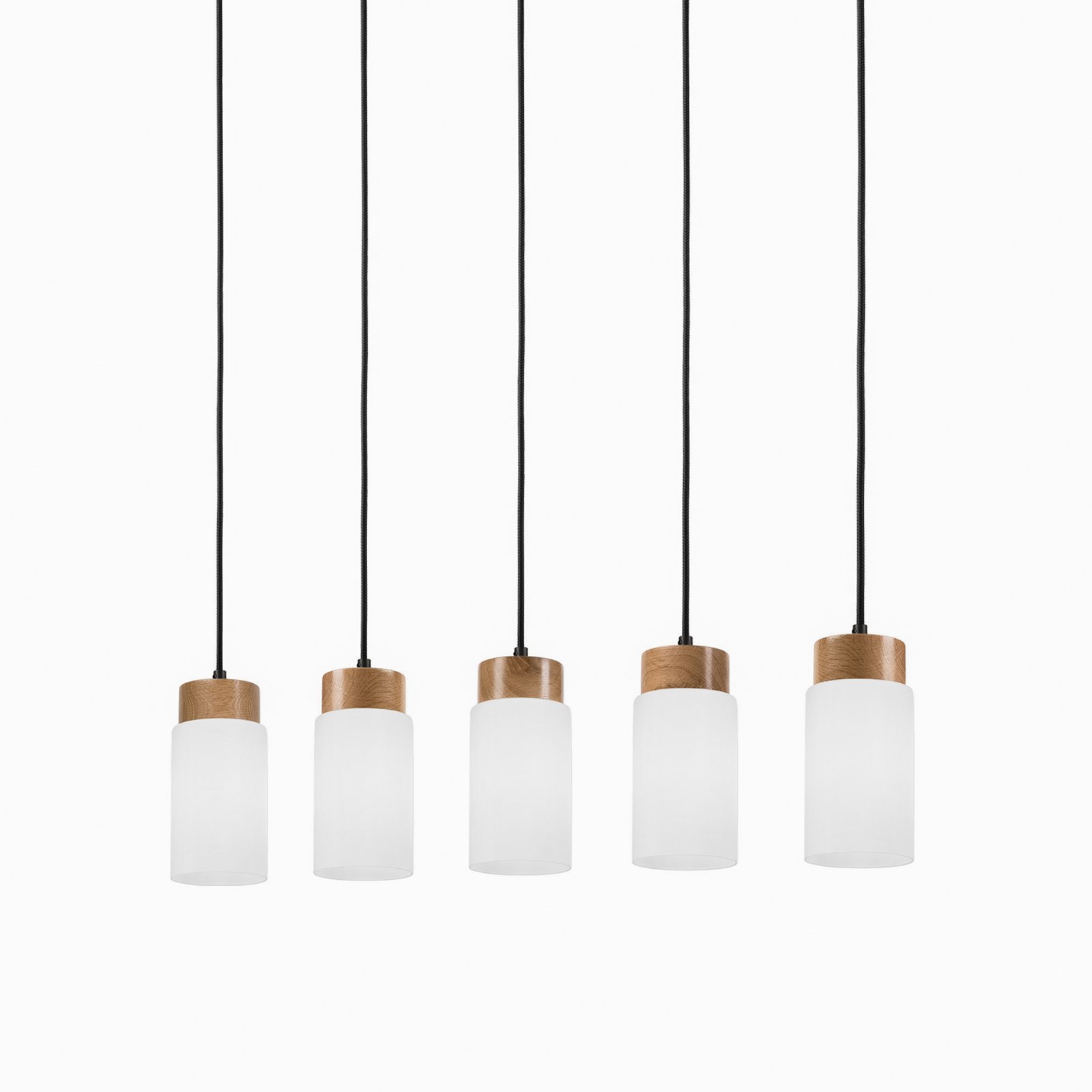 Markus pendant light, opal glass/oak wood, length 100 cm, 5-bulb.