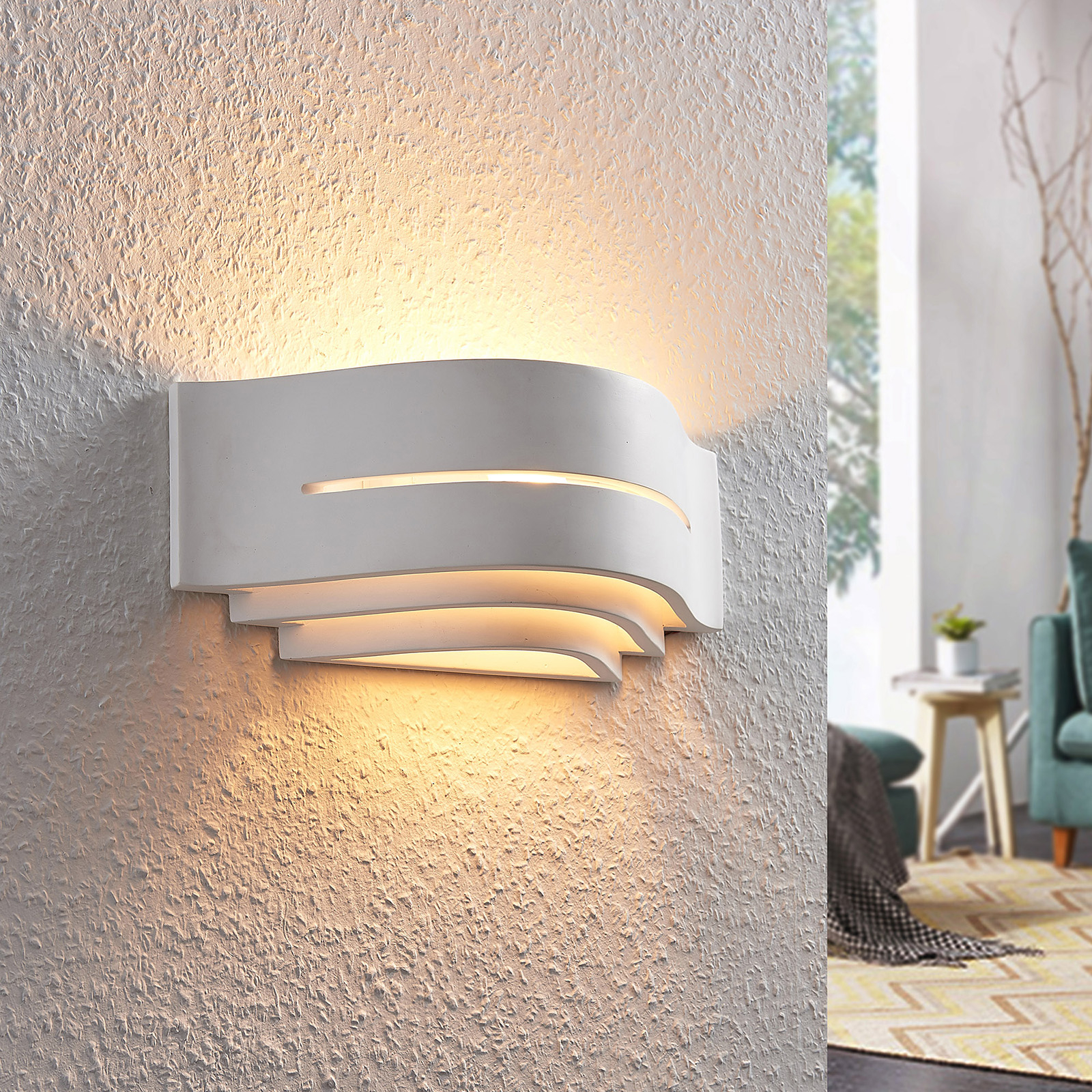 Lindby Amran plaster wall lamp, white, 3 levels, stripes, for Bedroom, plaster, E14, 25 W, energy efficiency: A++, W: 32 cm, H: 13 cm