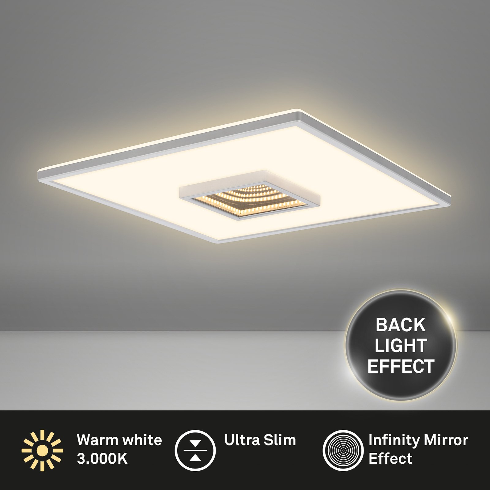 Toro LED ceiling light, matt chrome, 42x42 cm, plastic