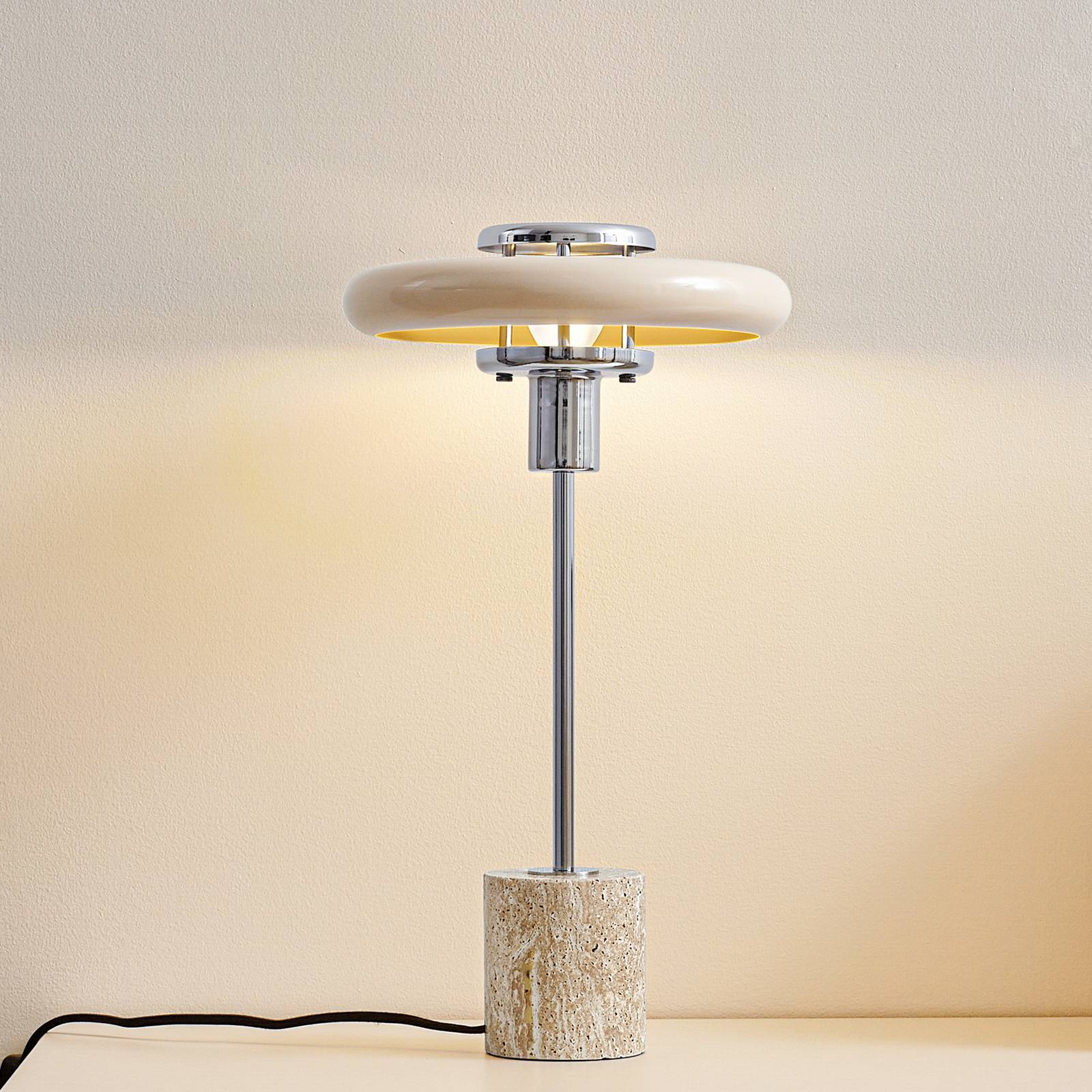 Lindby Lampa stołowa Branford, 46 cm, beżowa, metal/trawertyn