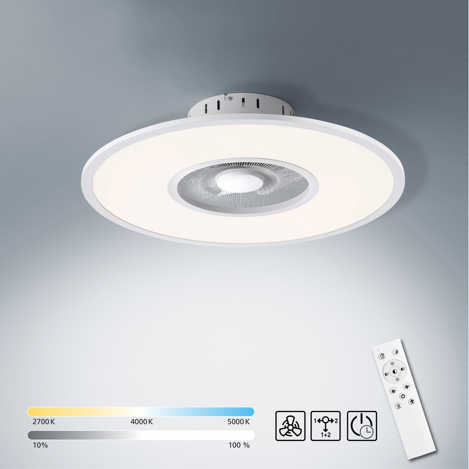 LED stropný ventilátor Flat-Air, CCT, biely, Ø 59,5 cm