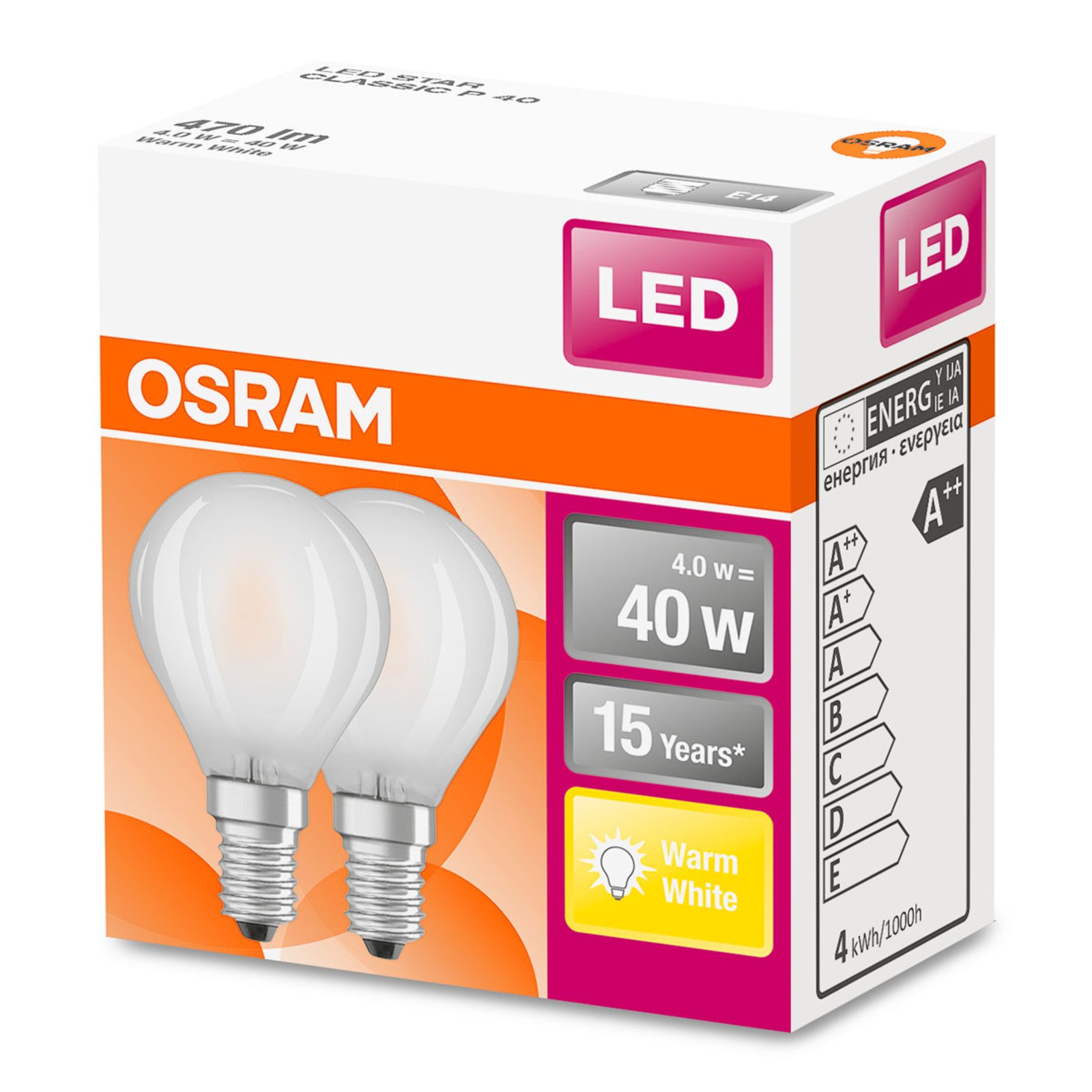 OSRAM LED-dråpepære E14 4 W varmhvit 2-pakk