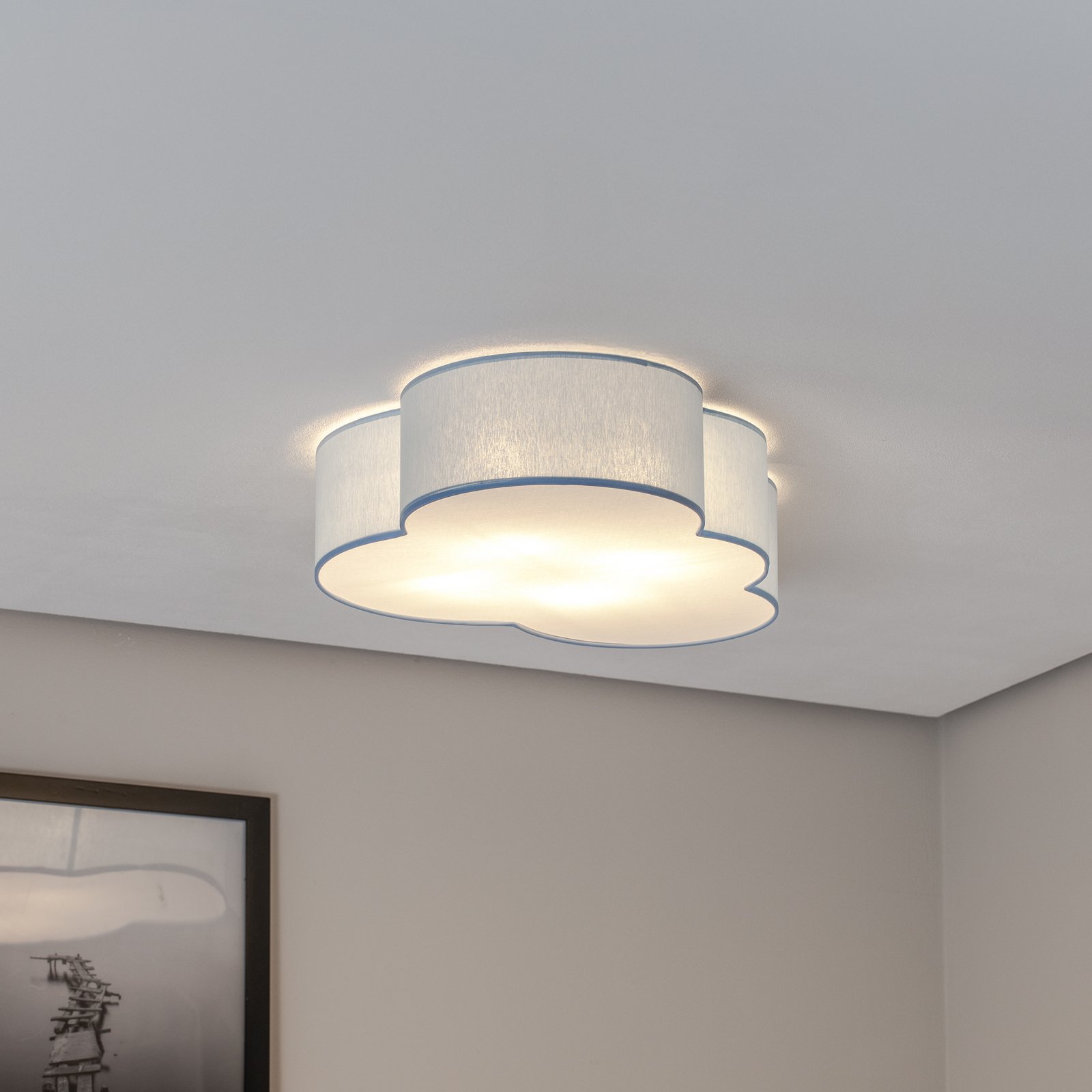 Plafondlamp Cloud, blauw, 63 cm lang, textiel, wolk, E27