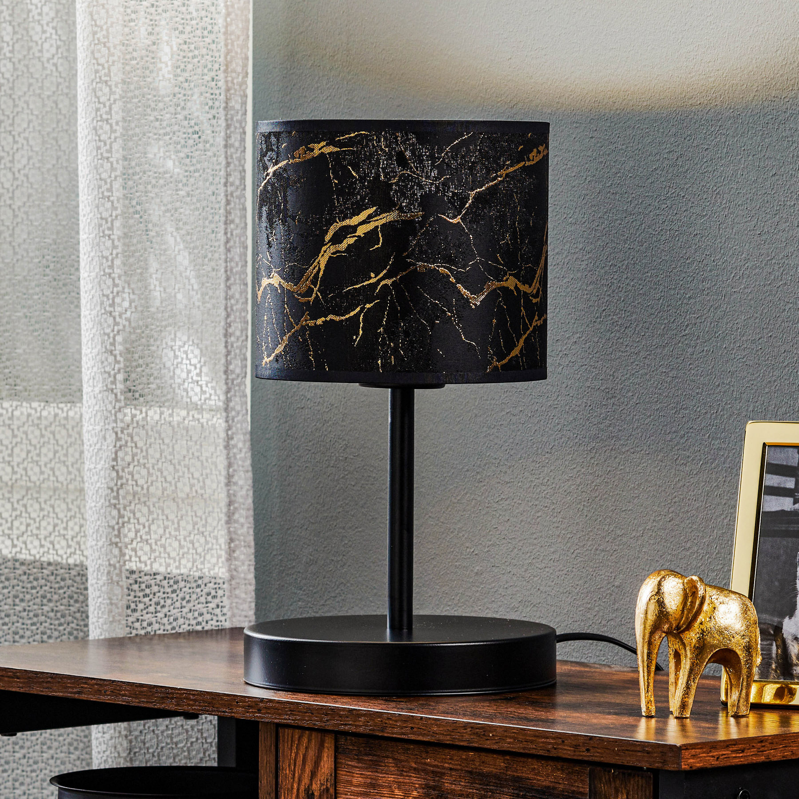 Lampe à poser Jari tissu, noir marbré