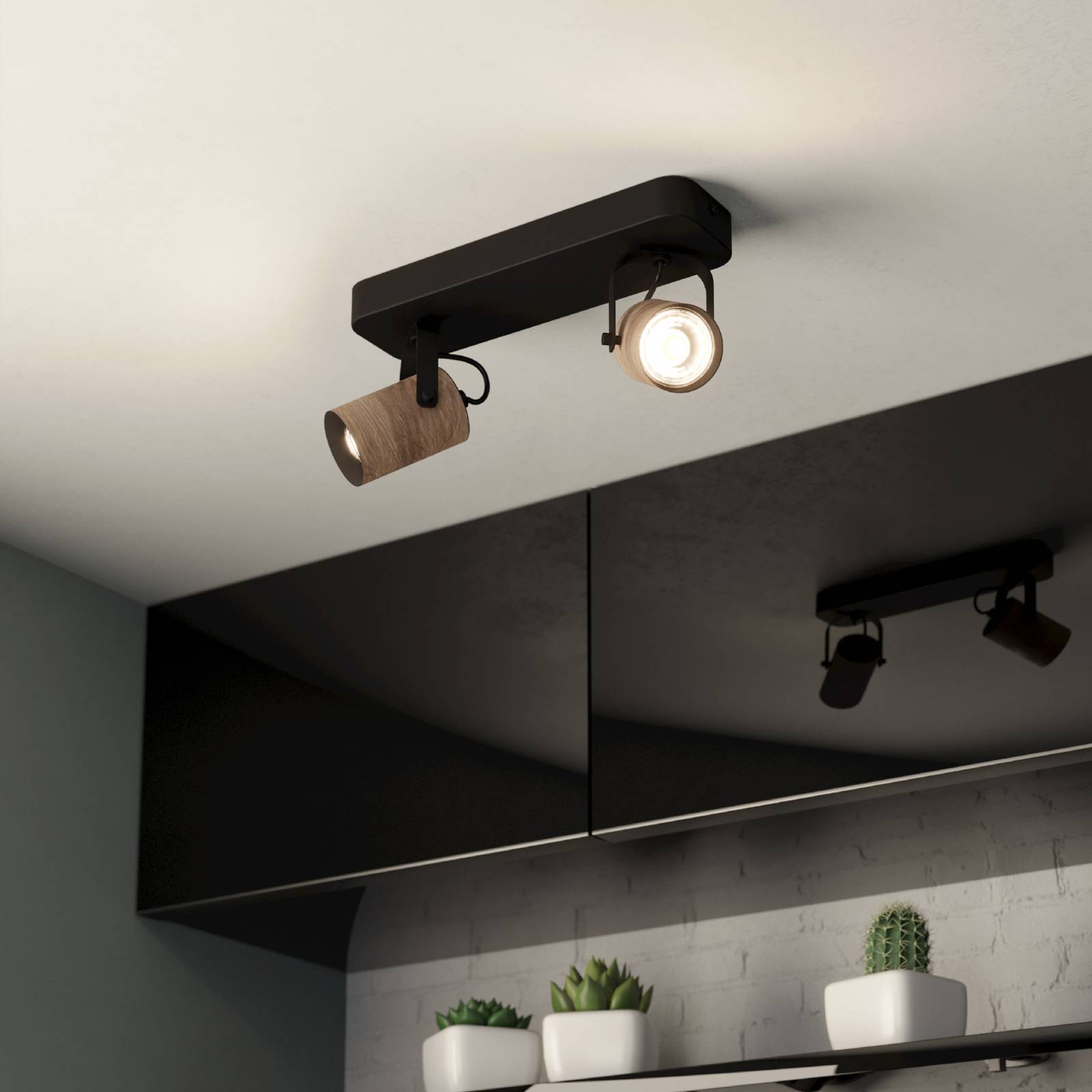 eglo spot pour plafond cayuca, noir/décor bois, à deux lampes