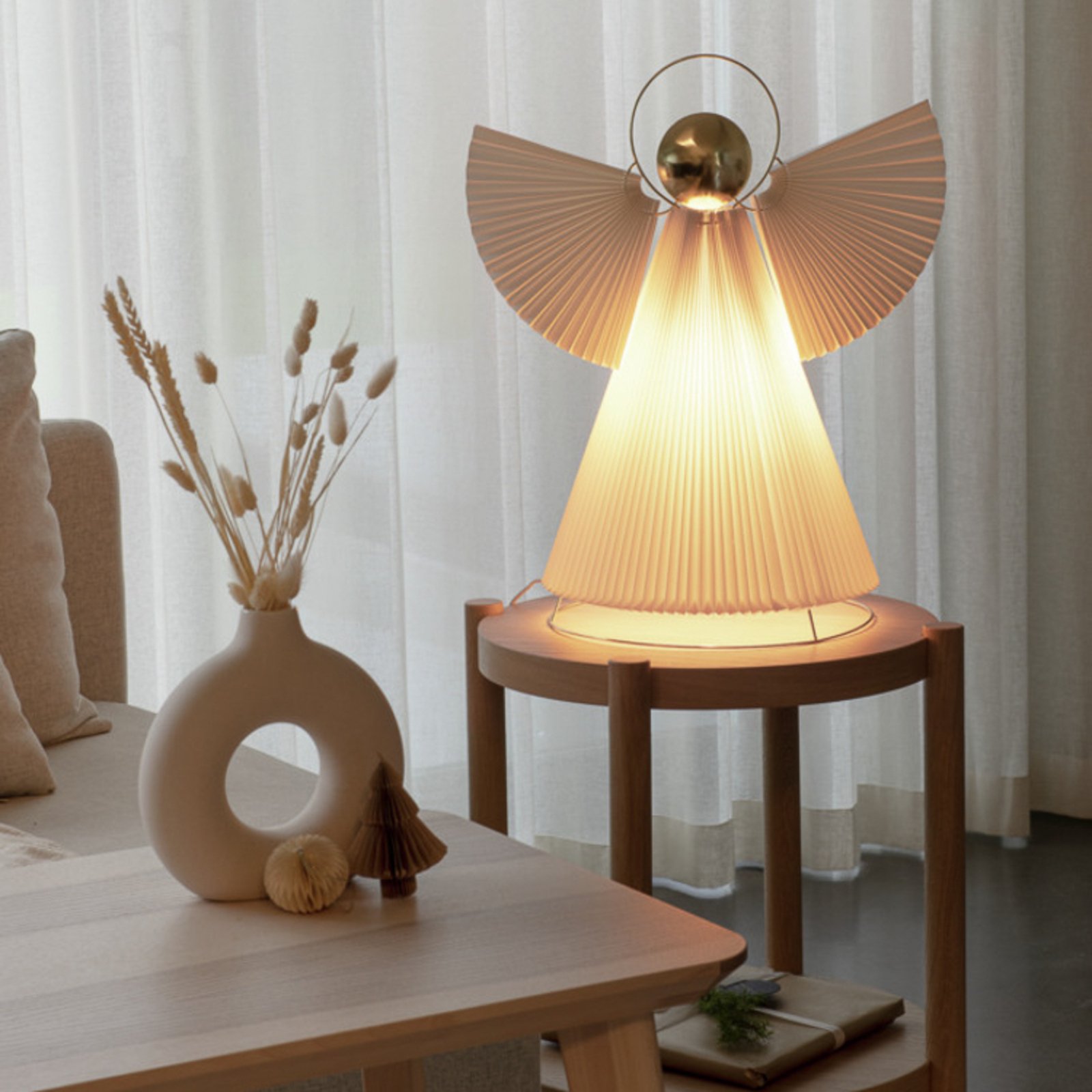 Dekoratyvinis šviesos angelas iš popieriaus E14, baltas / žalvaris 54cm