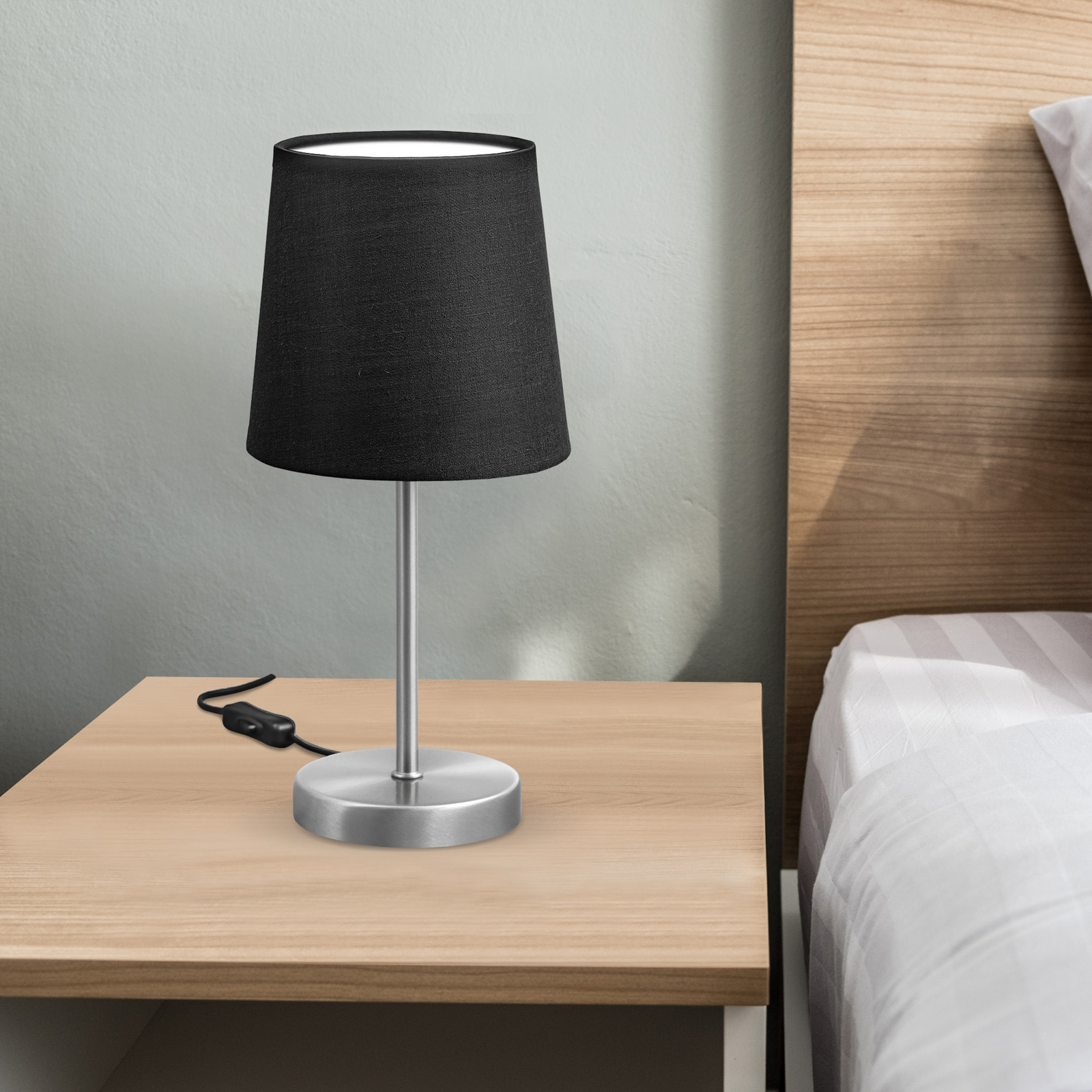 Lampe à poser Kaneo, noire, hauteur 30,8 cm, métal et tissu, culot E14 Lampe à poser Kaneo, noire, hauteur 30,8 cm, métal et tissu, culot E14