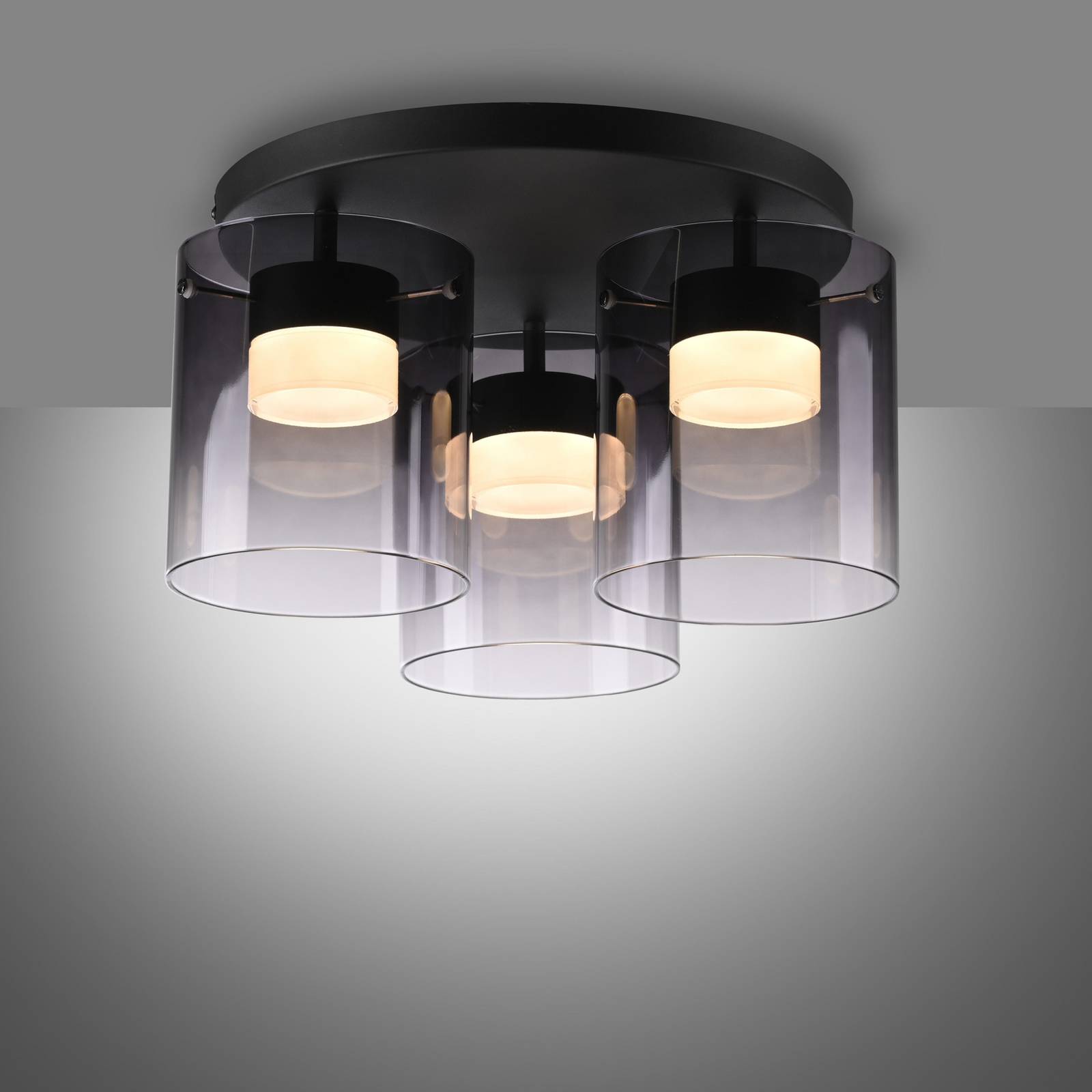 JUST LIGHT. lampa sufitowa LED Elio, szkło dymione, 3-punktowa, czarna