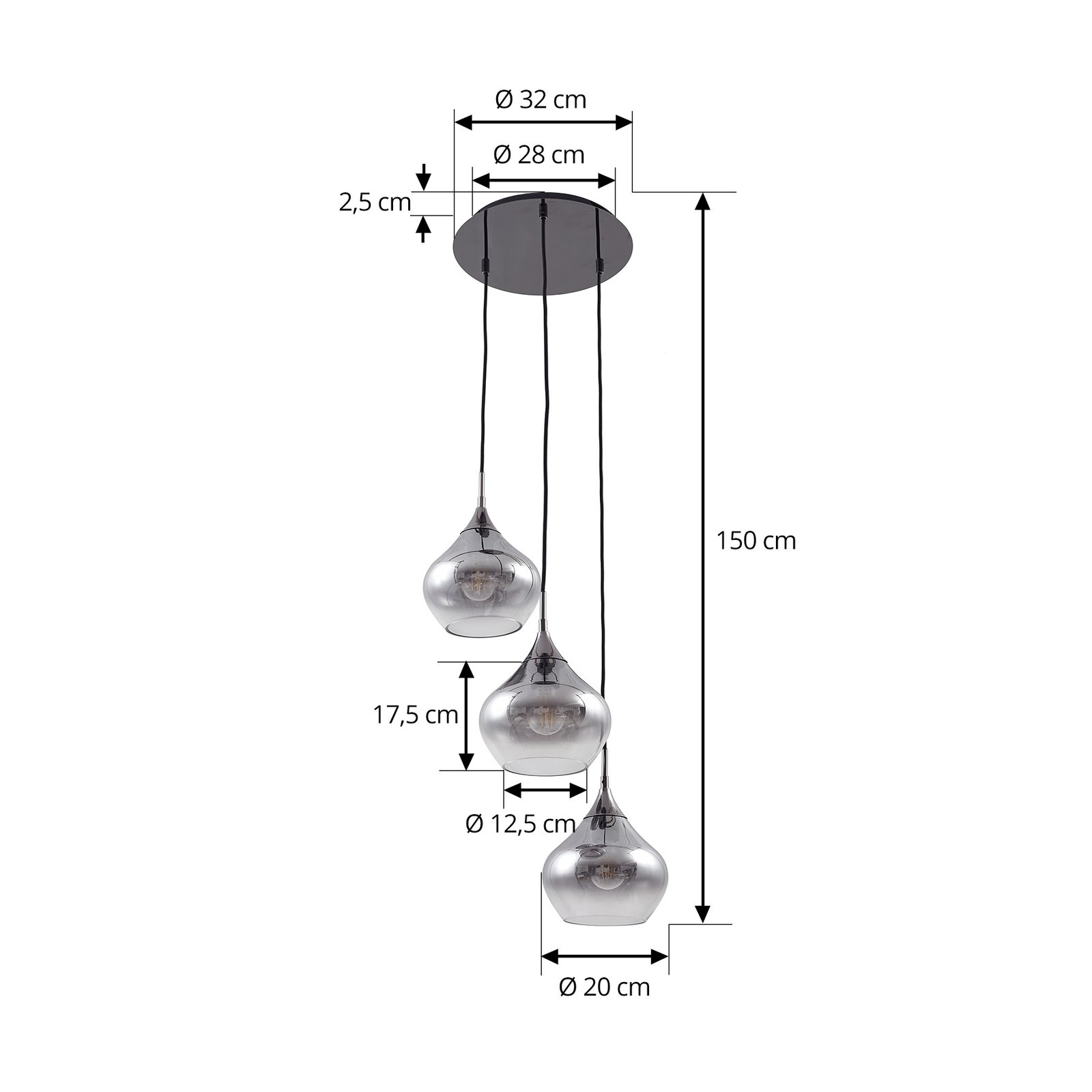 Lucande Suspension Jarven, à 3 lampes, noir, verre