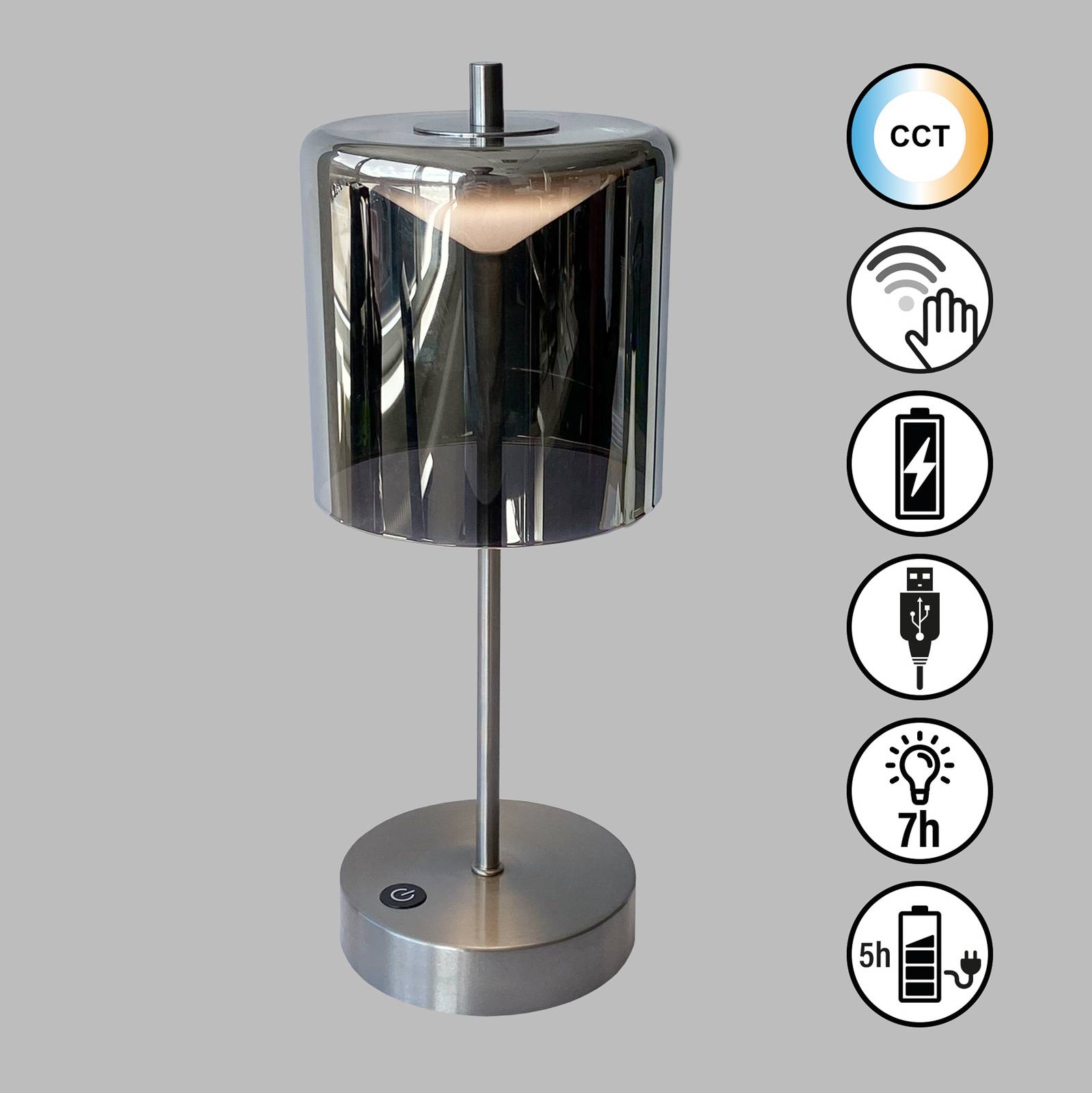FH Lighting Lampe de table LED à accu Riva, nickel/fumée hauteur 34,5cm