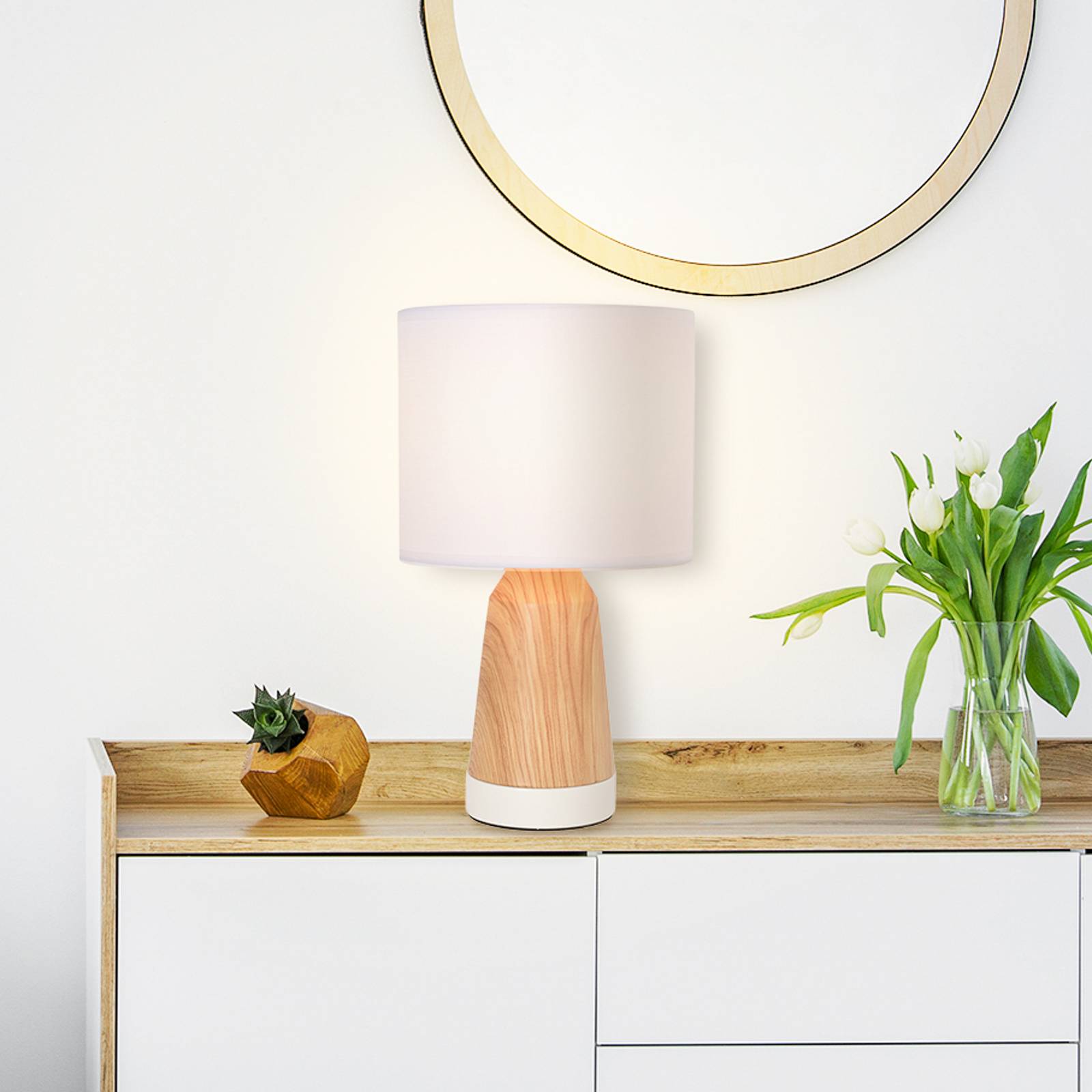 COREP Lampe de table Baltik blanche/bois clair, hauteur 33 cm, métal/coton