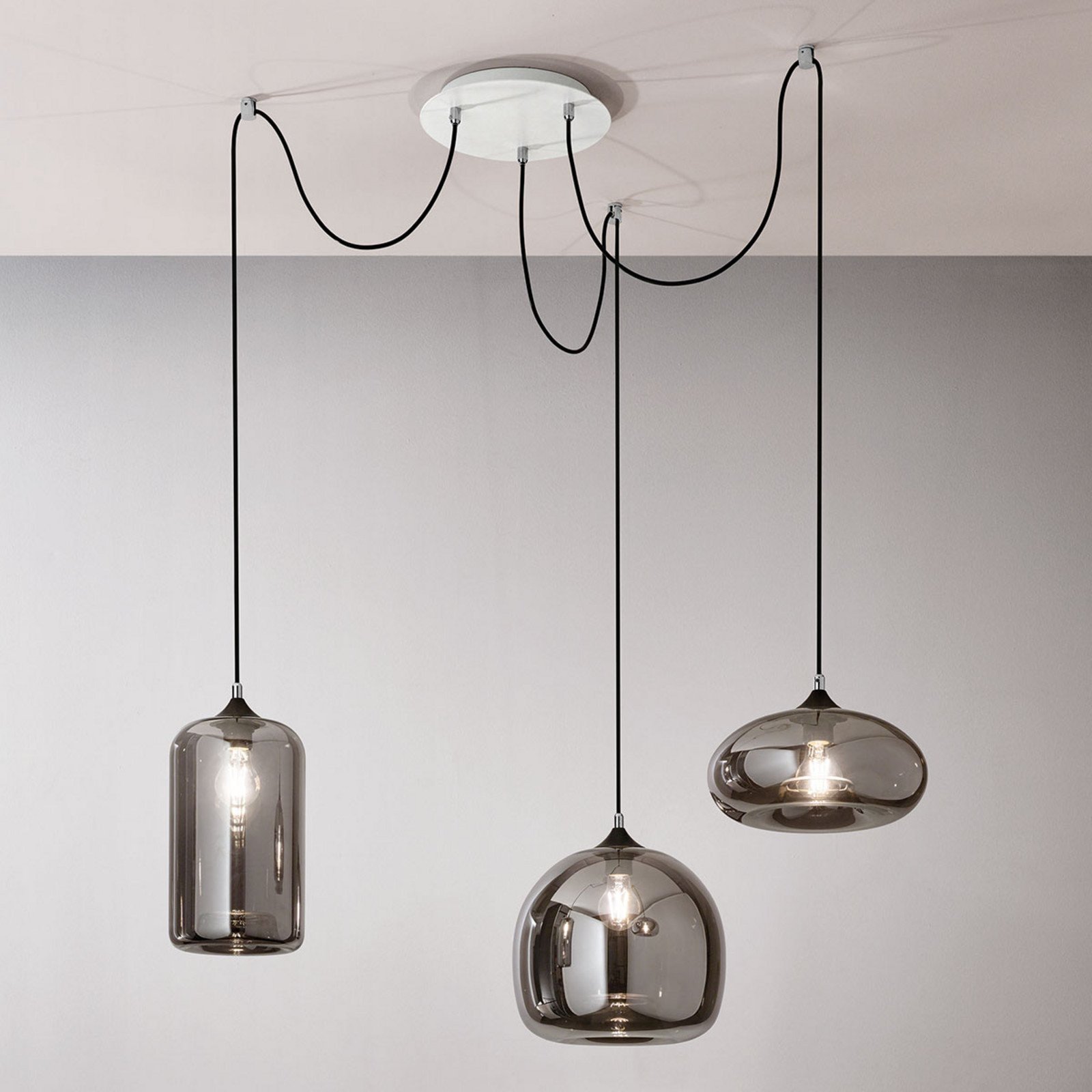 Fabas Luce Lampă suspendată Fiona gri-transparent 3 lumini sticlă - Camera de zi / sufragerie - modern - gri-transparent negru