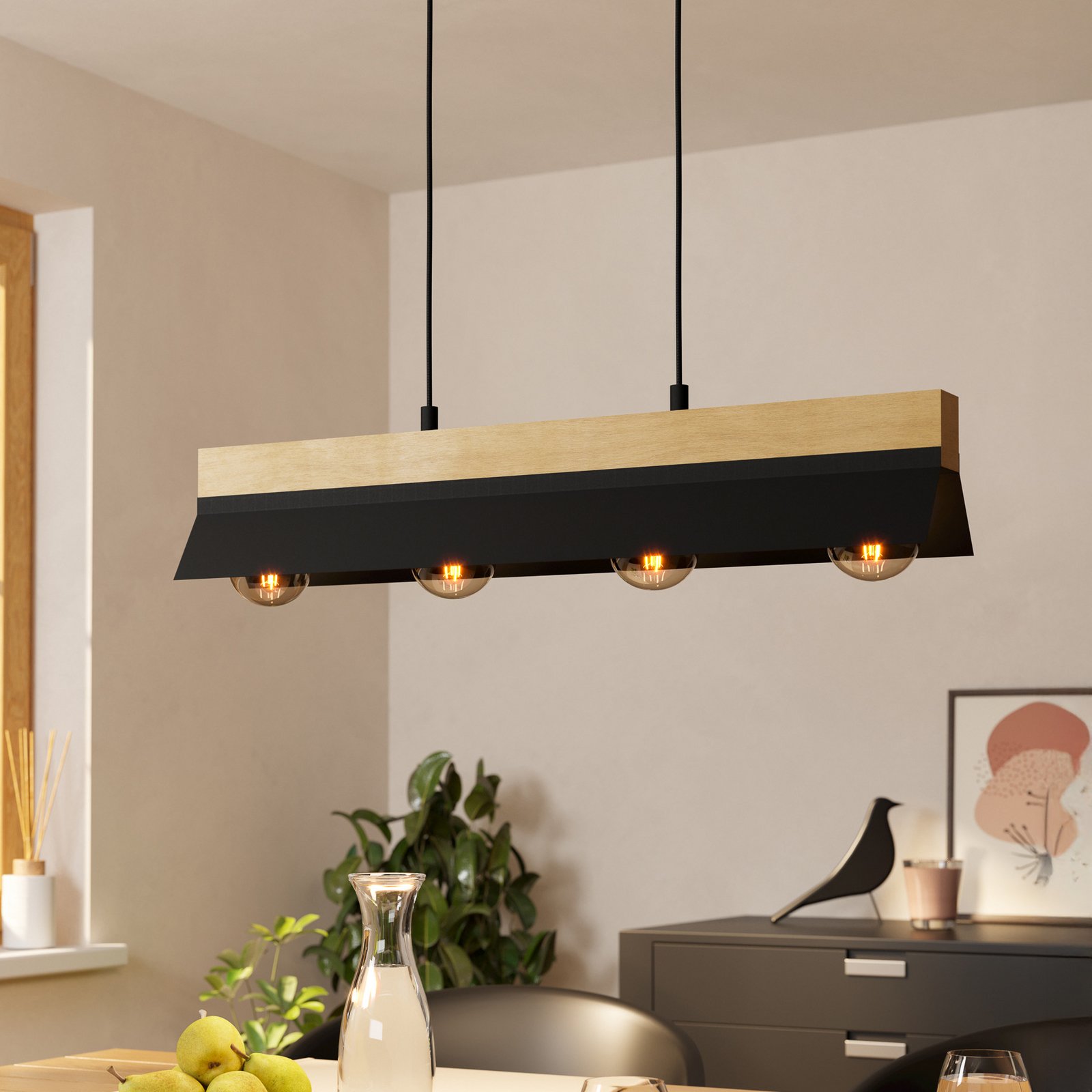 Viseča svetilka Tarrafo črna, naravni les, 4-svetlobna