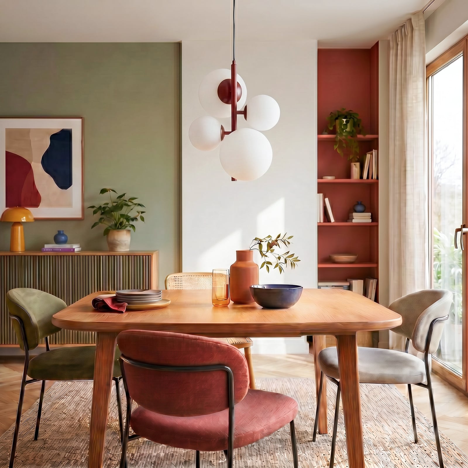 Joel hanglamp, wijnrood/wit, 4-lamps - ALDEX