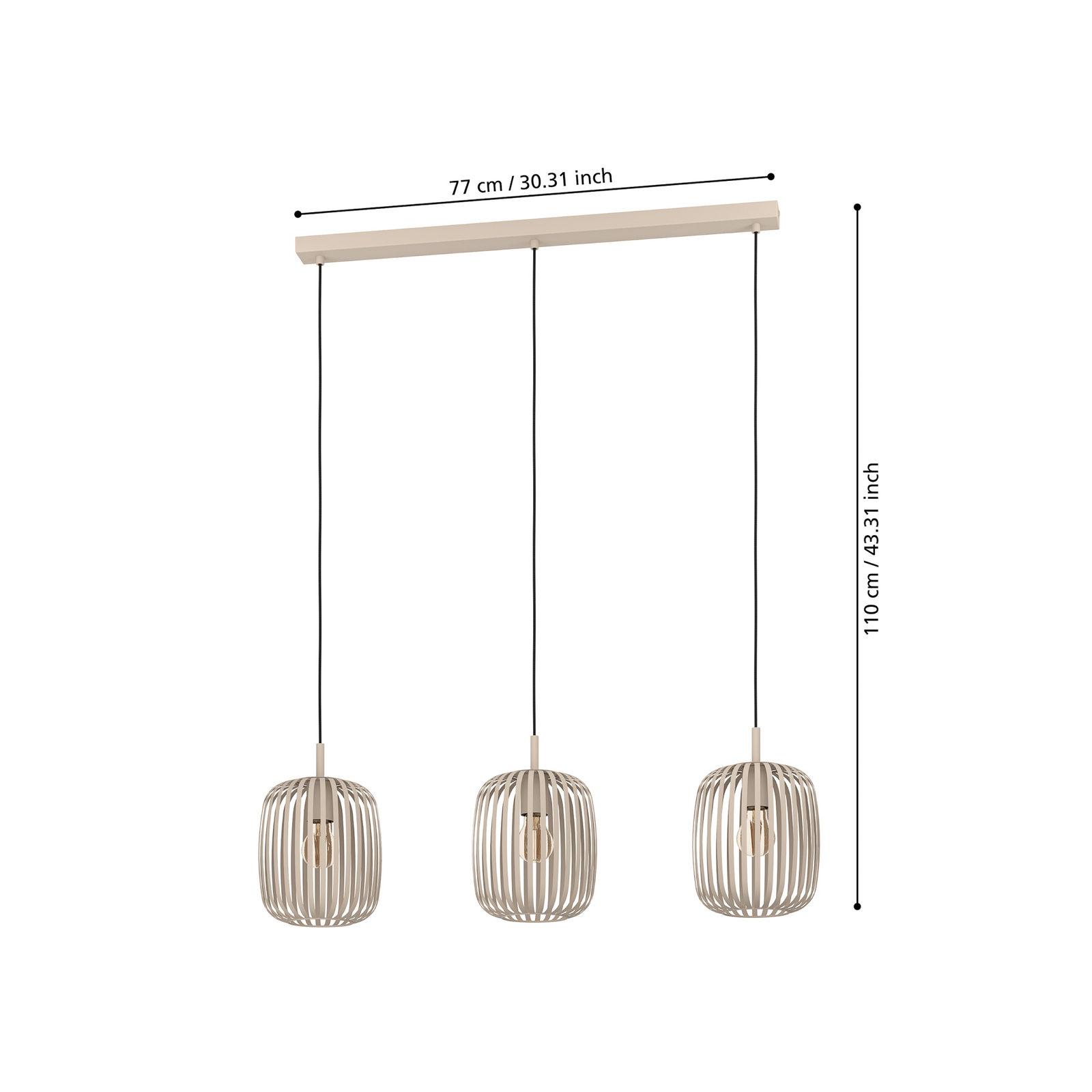 Lámpara colgante Romazzina, beige, longitud 90 cm, 3 luces, metal