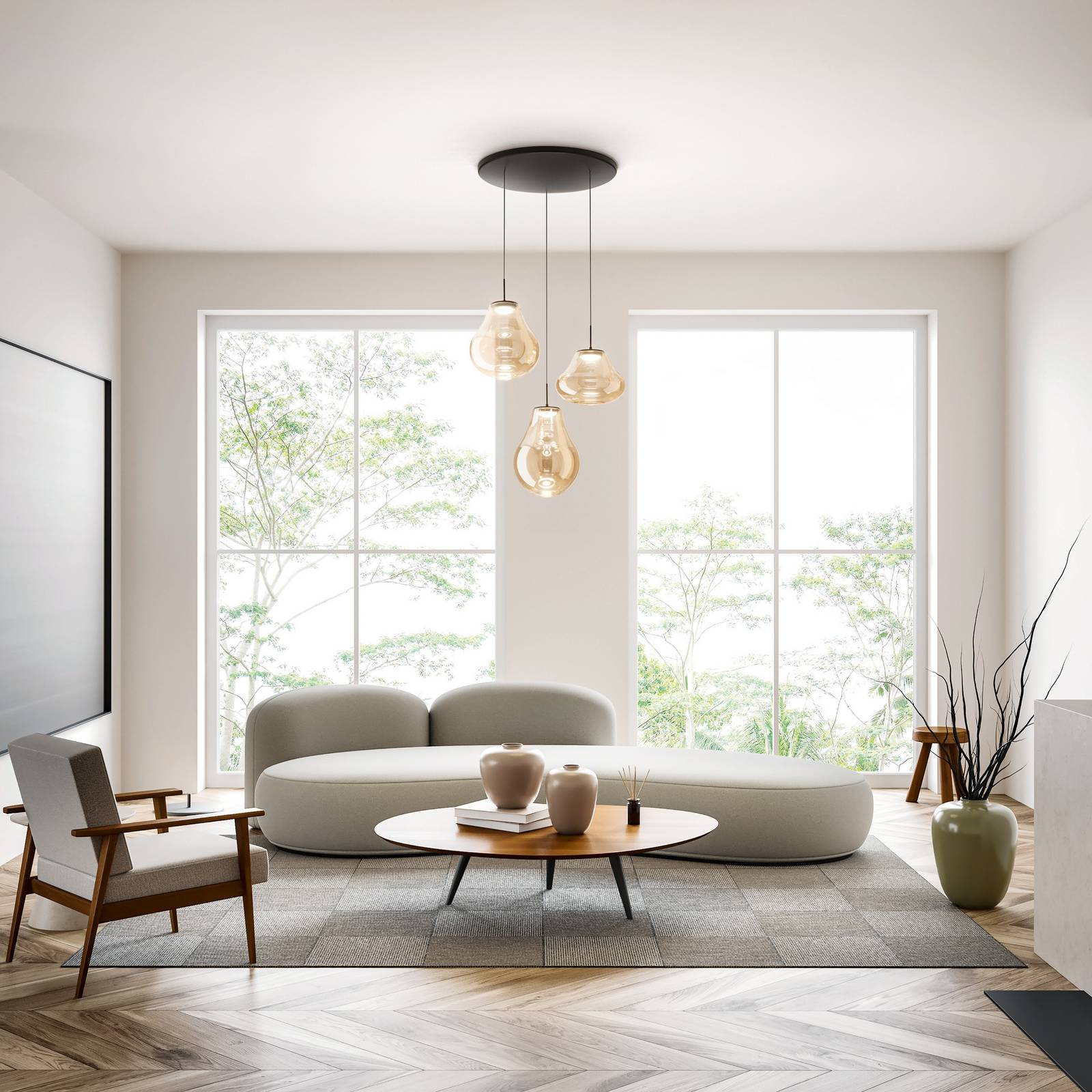 Fabas Luce Suspension LED Deva, à 3 lampes, Ø 50 cm, ambre, CCT, à intensité variable