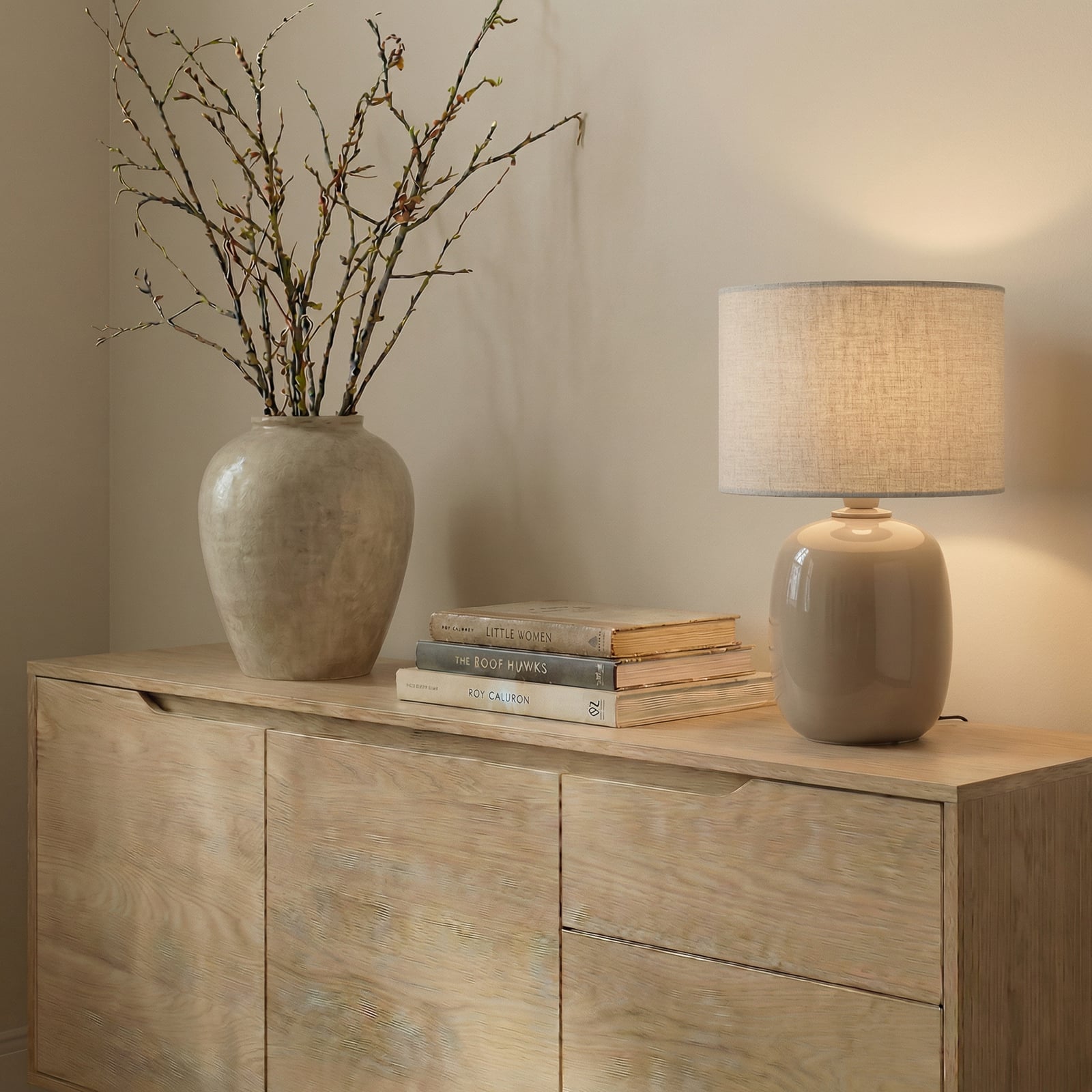 Tafellamp Melody, zandkleurig, textiel, hoogte 48 cm, E27