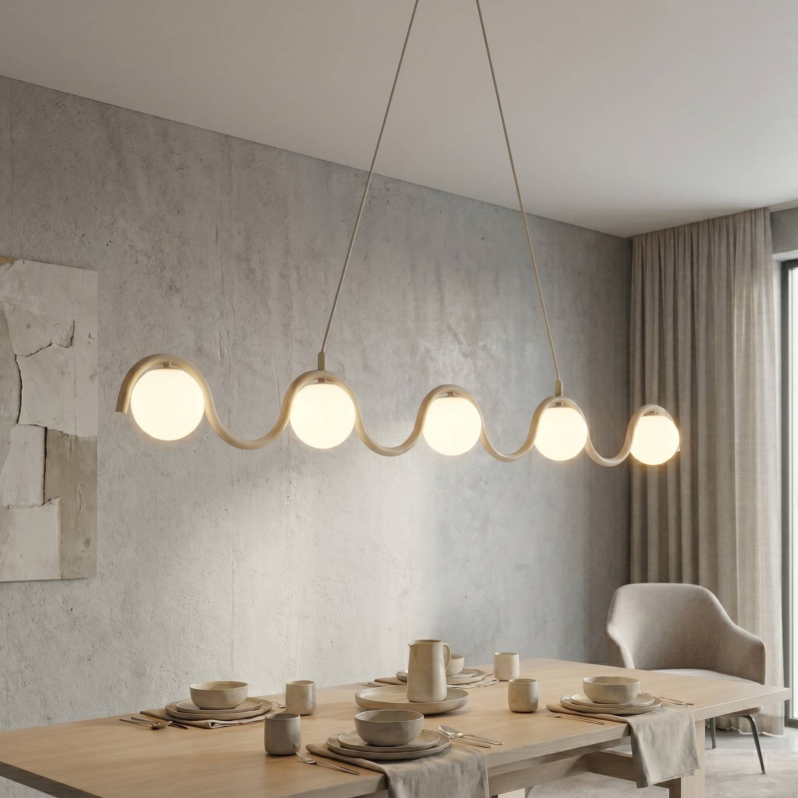 EMIBIG LIGHTING Suspension SINUS, beige, longueur 110 cm, à 5 lampes, métal/verre