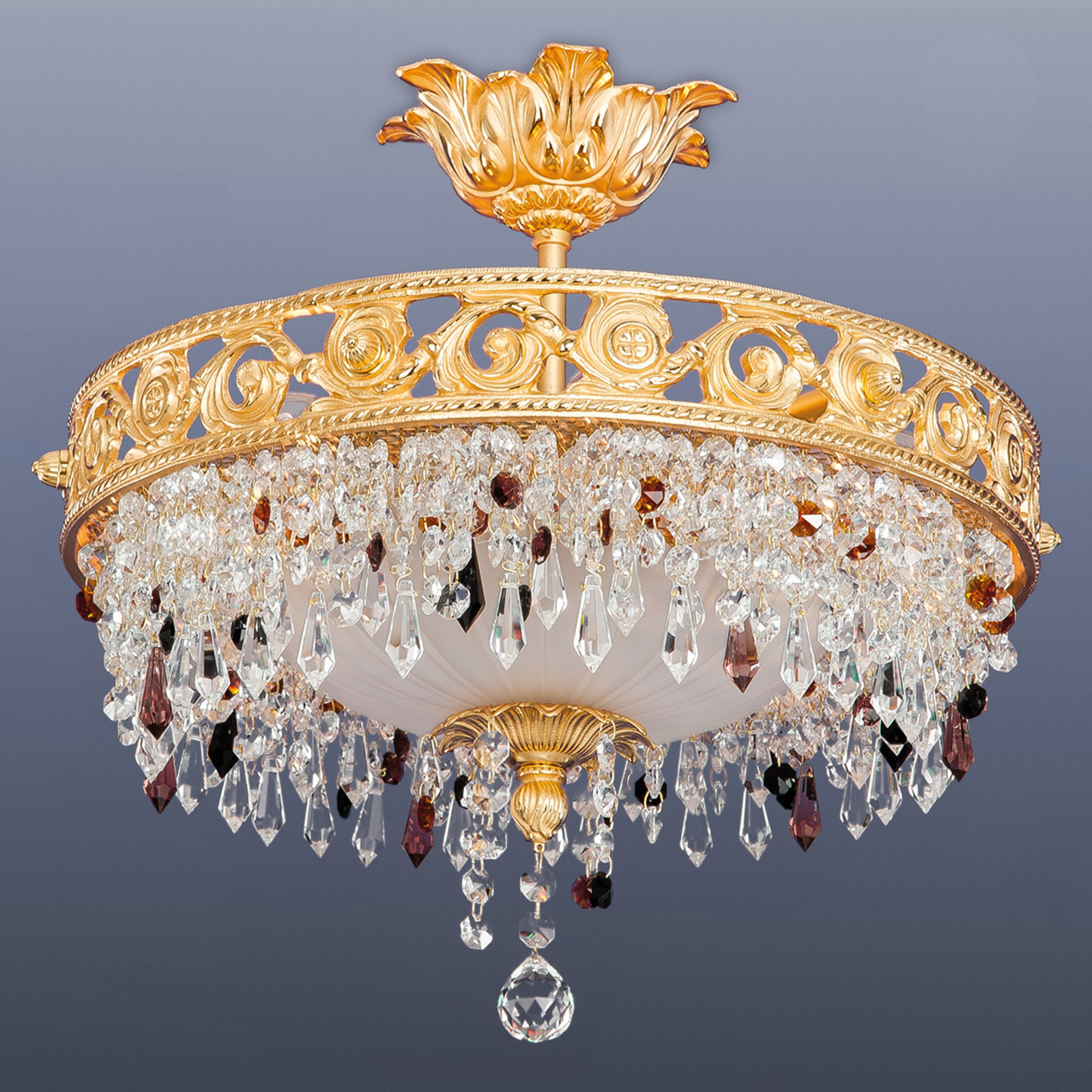 RIPERLamP Fantastic crystal ceiling light San Petersburgo, for Living / Dining Room, gold-plated and polished metal, clear and coloured Asfour crystals, E14, 40 W, energy efficiency: A++, H: 40 cm