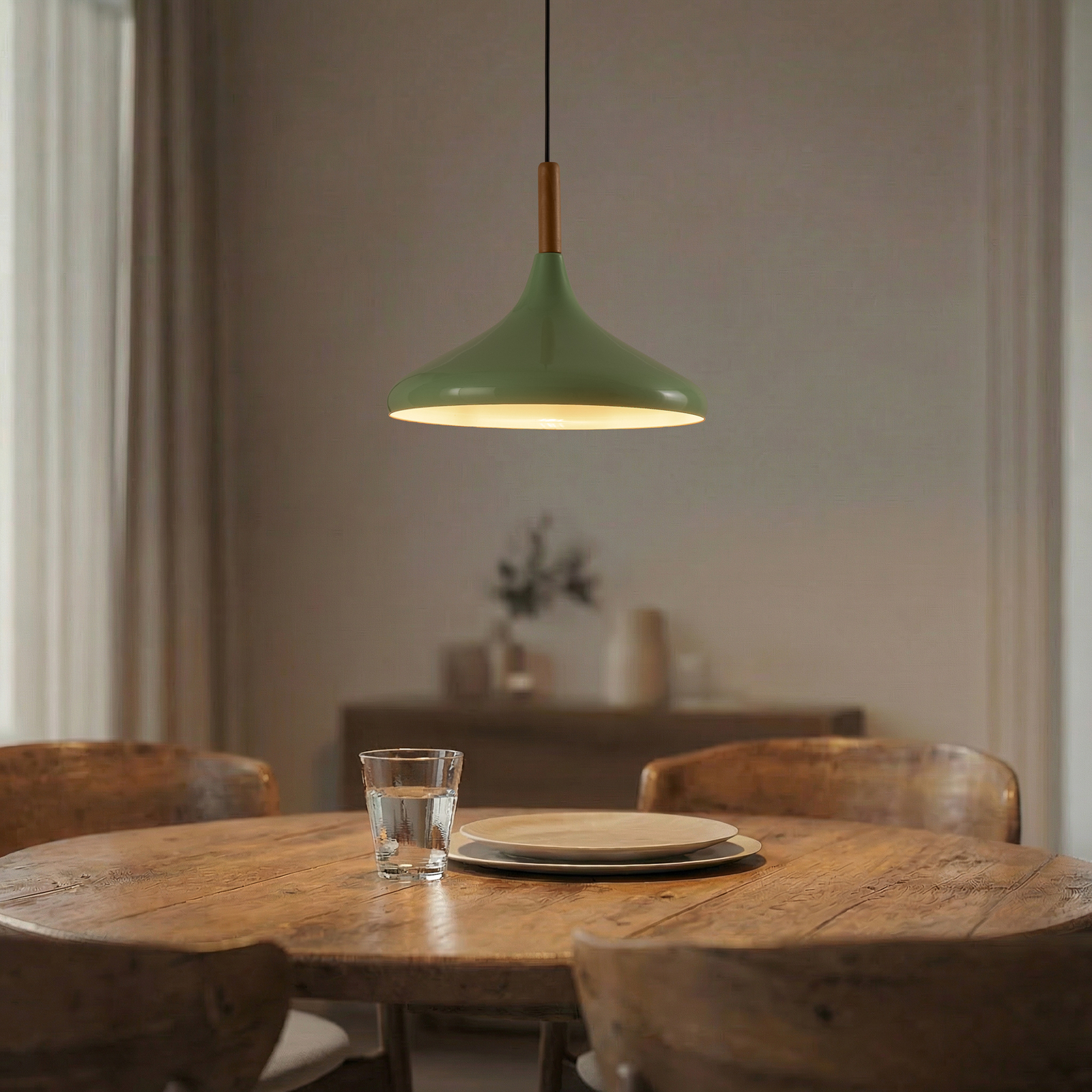 Chris hanging light, mint green/white, Ø 35 cm, metal, wood detail