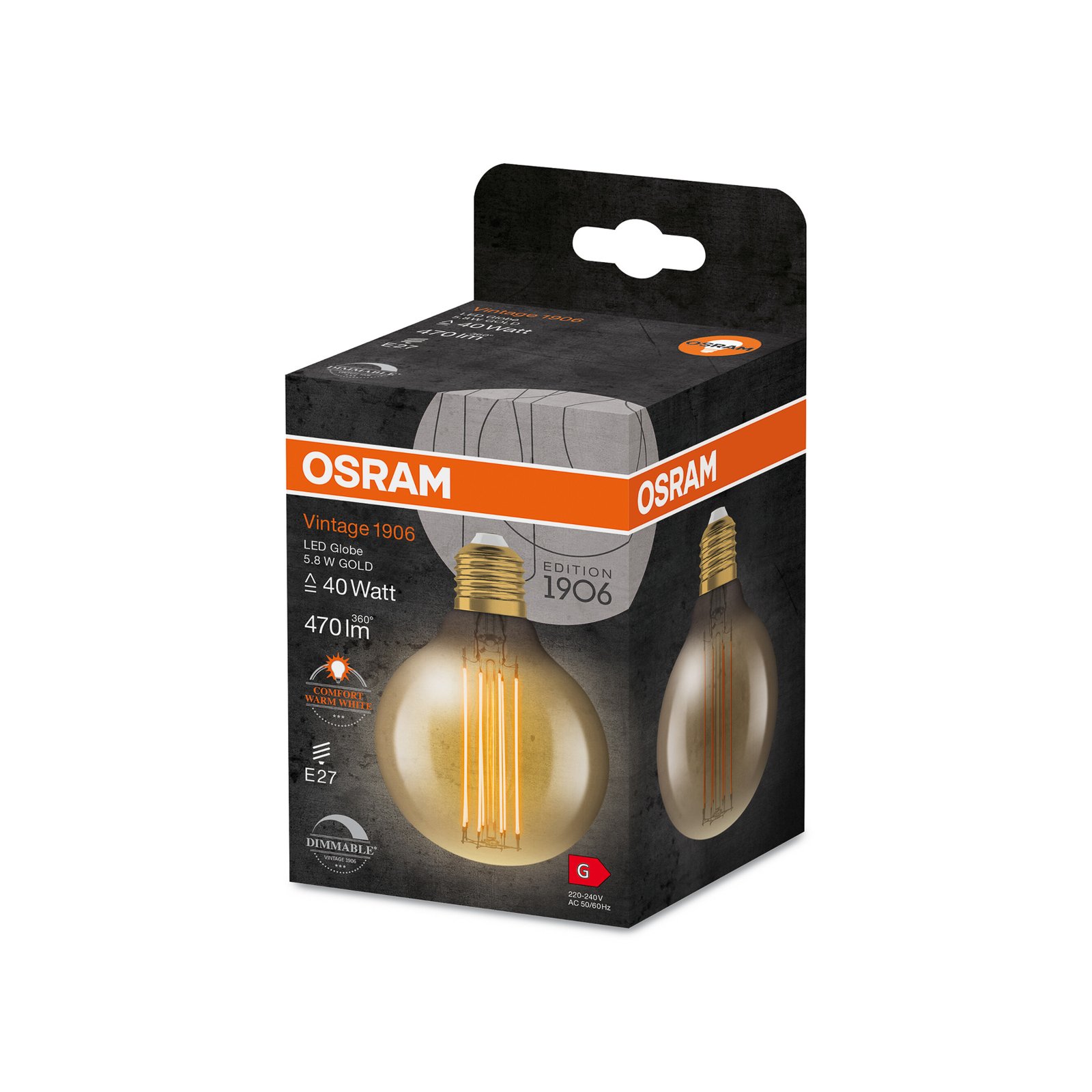OSRAM LED Vintage 1906, G80, E27, 5.8 W, gold, 2,200 K, dimmable.