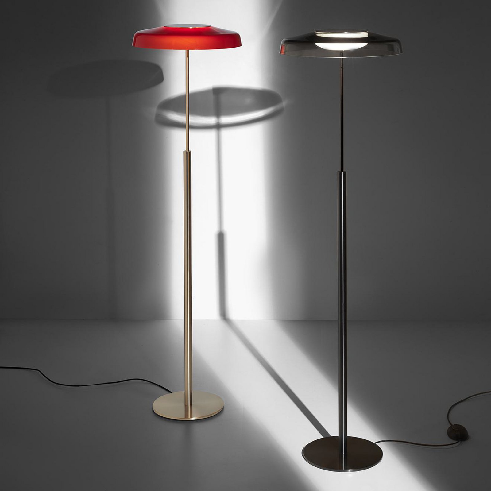 Oluce LED floor lamp Dora, nickel/smoke grey, metal, PMMA