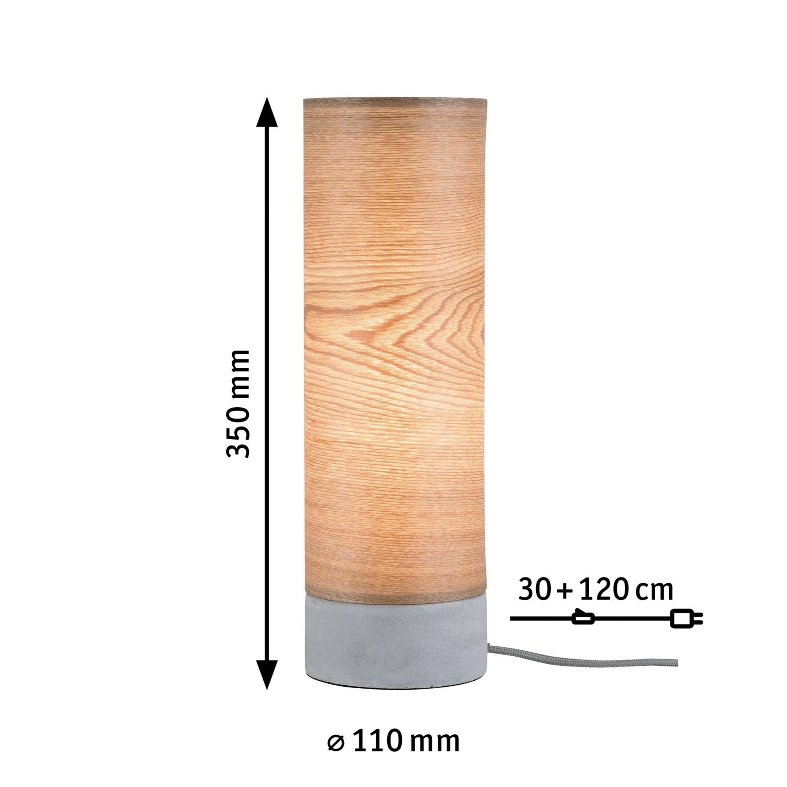 Cylindrisk bordlampe Skadi i træ med betonfod