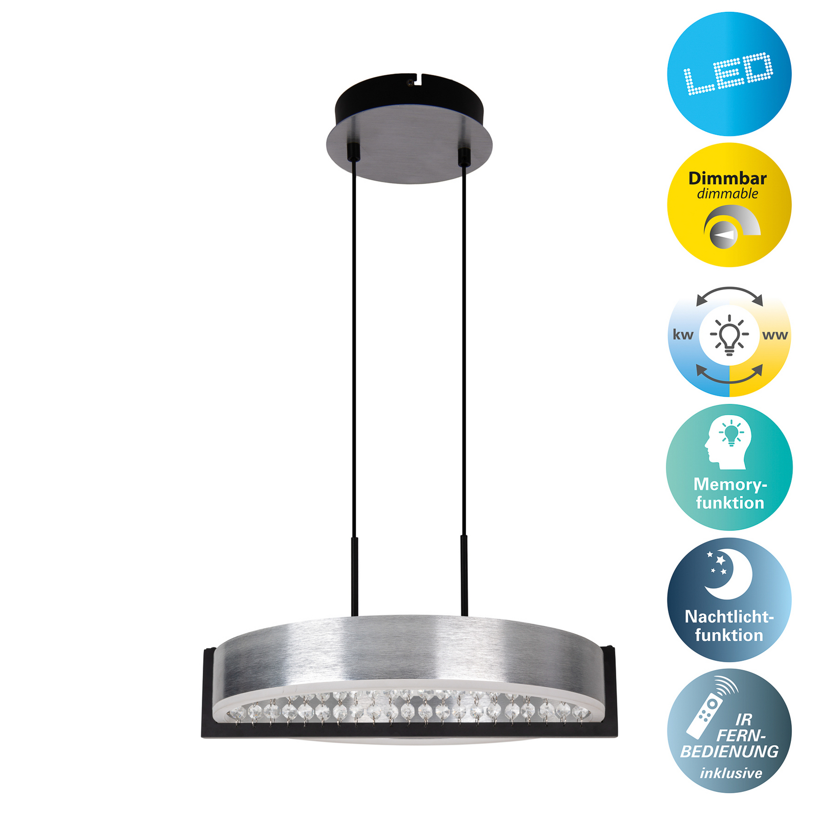 LED-hänglampa Yvaris, silver, CCT, fjärrkontroll LED-hänglampa Yvaris, silver, CCT, fjärrkontroll