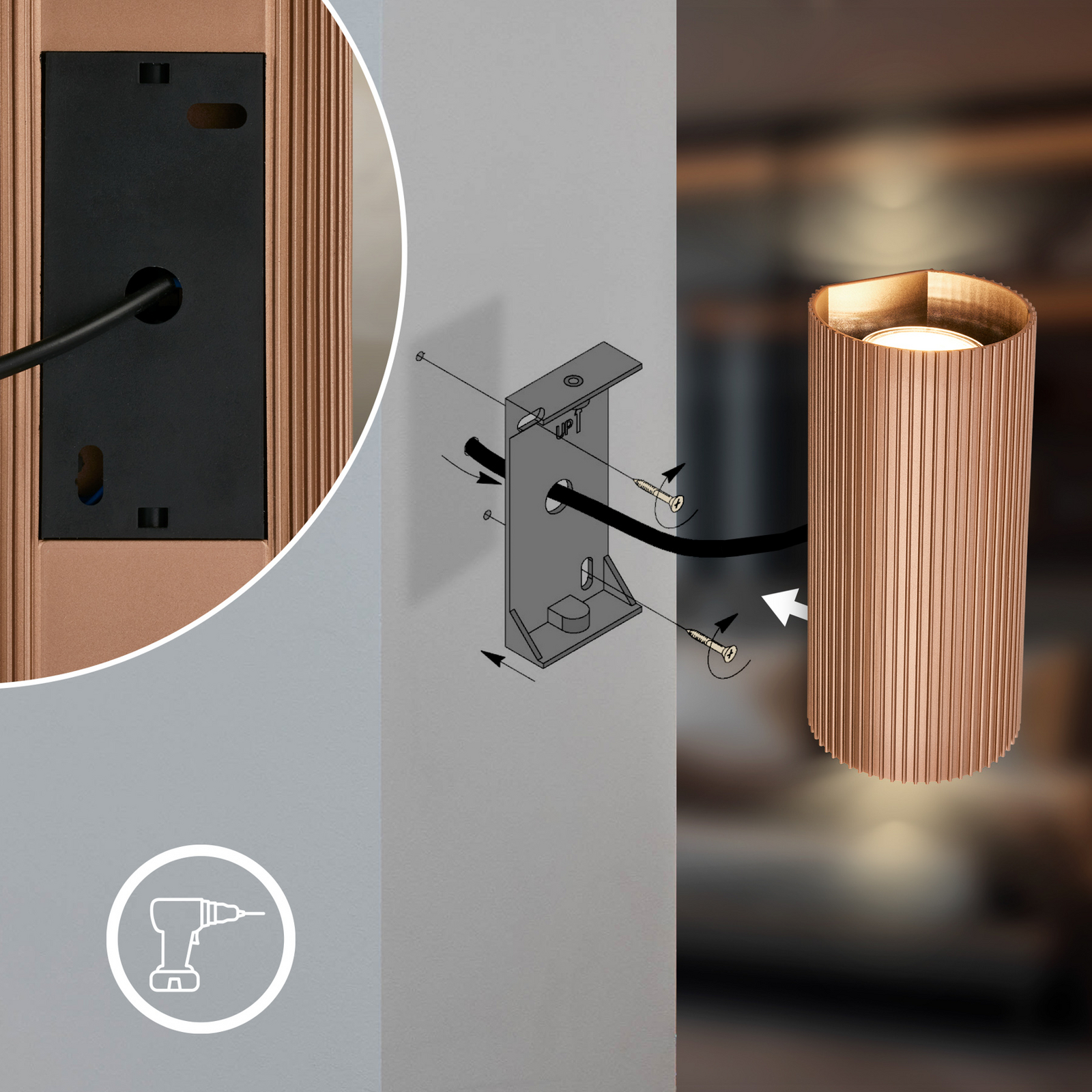 Aplique de pared Ida, marrón, plástico, Ø 8,5 cm, GU10 Aplique de pared Ida, marrón, plástico, Ø 8,5 cm, GU10