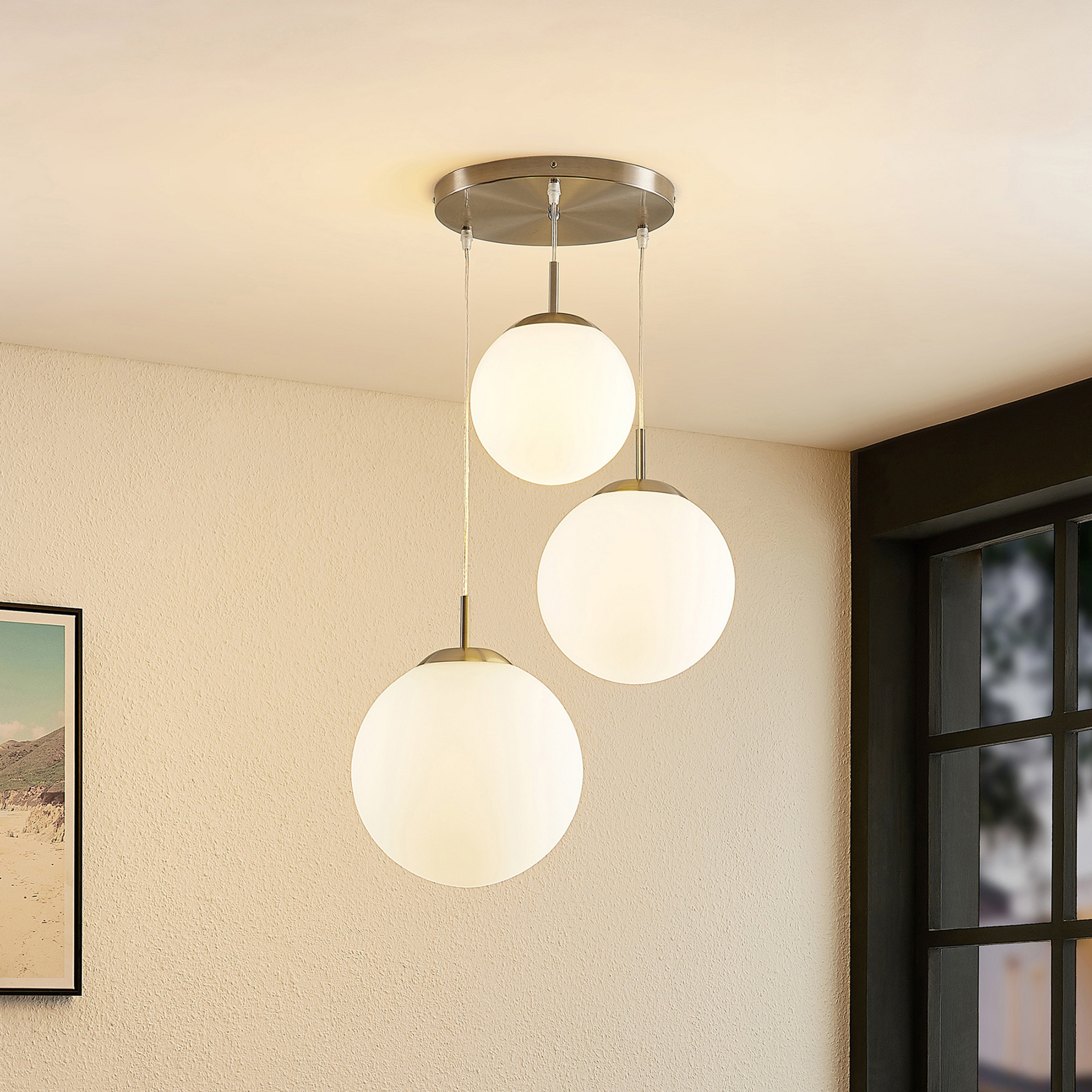 Lindby hængelampe Heleska, hvid, glas, 3 lyskilder, Ø 47cm
