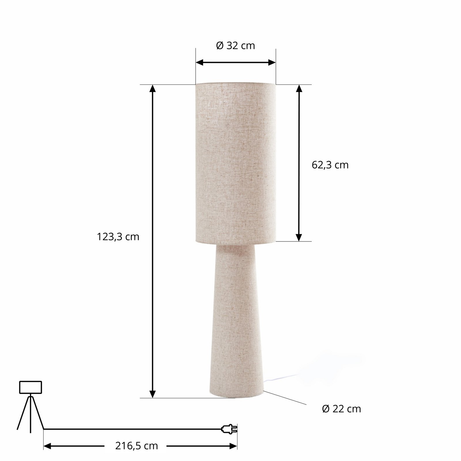 Lindby gulvlampe Elfie, høyde 124 cm, beige, lin, 2x E27