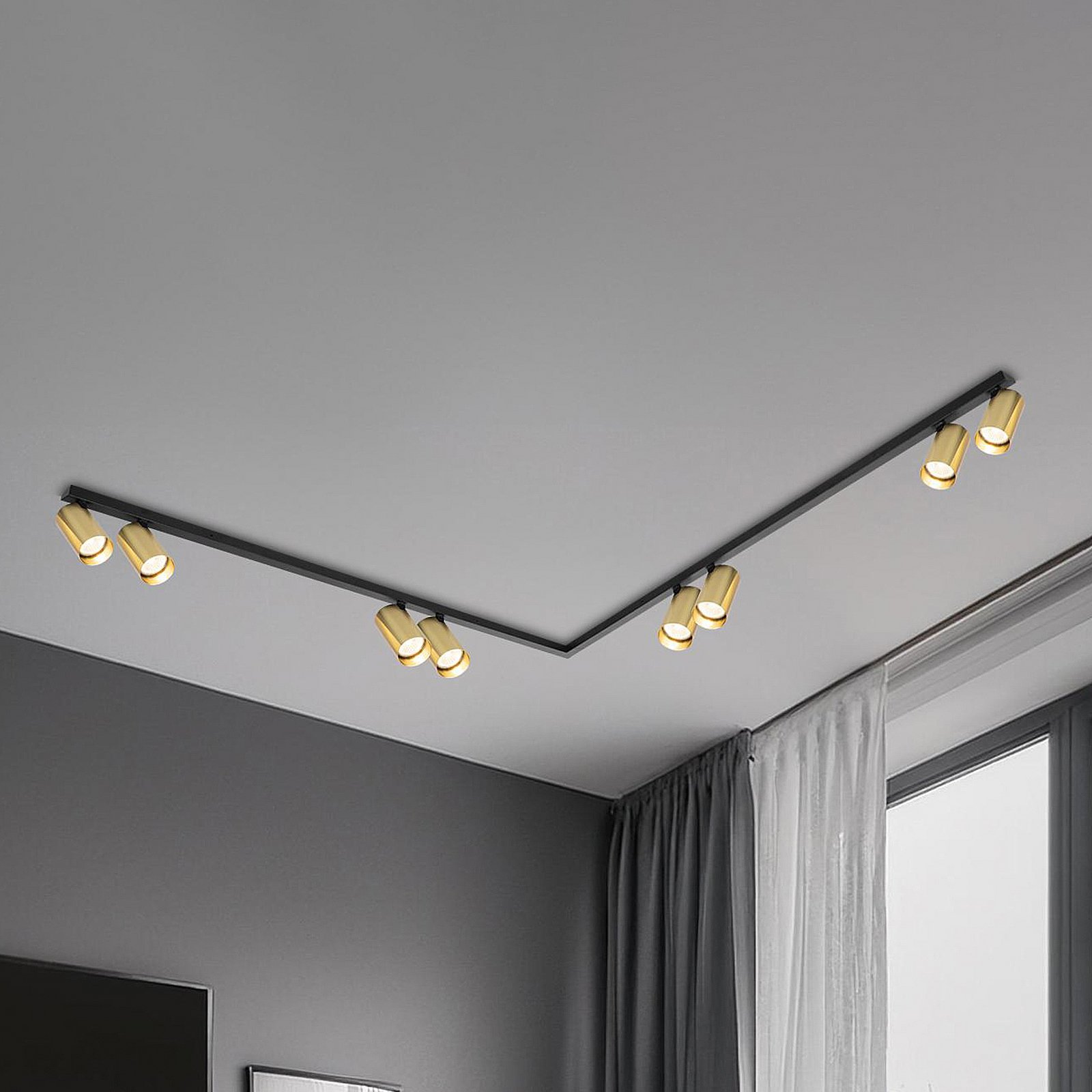 Hero downlight, black/gold, 8-bulb, 240 cm, metal