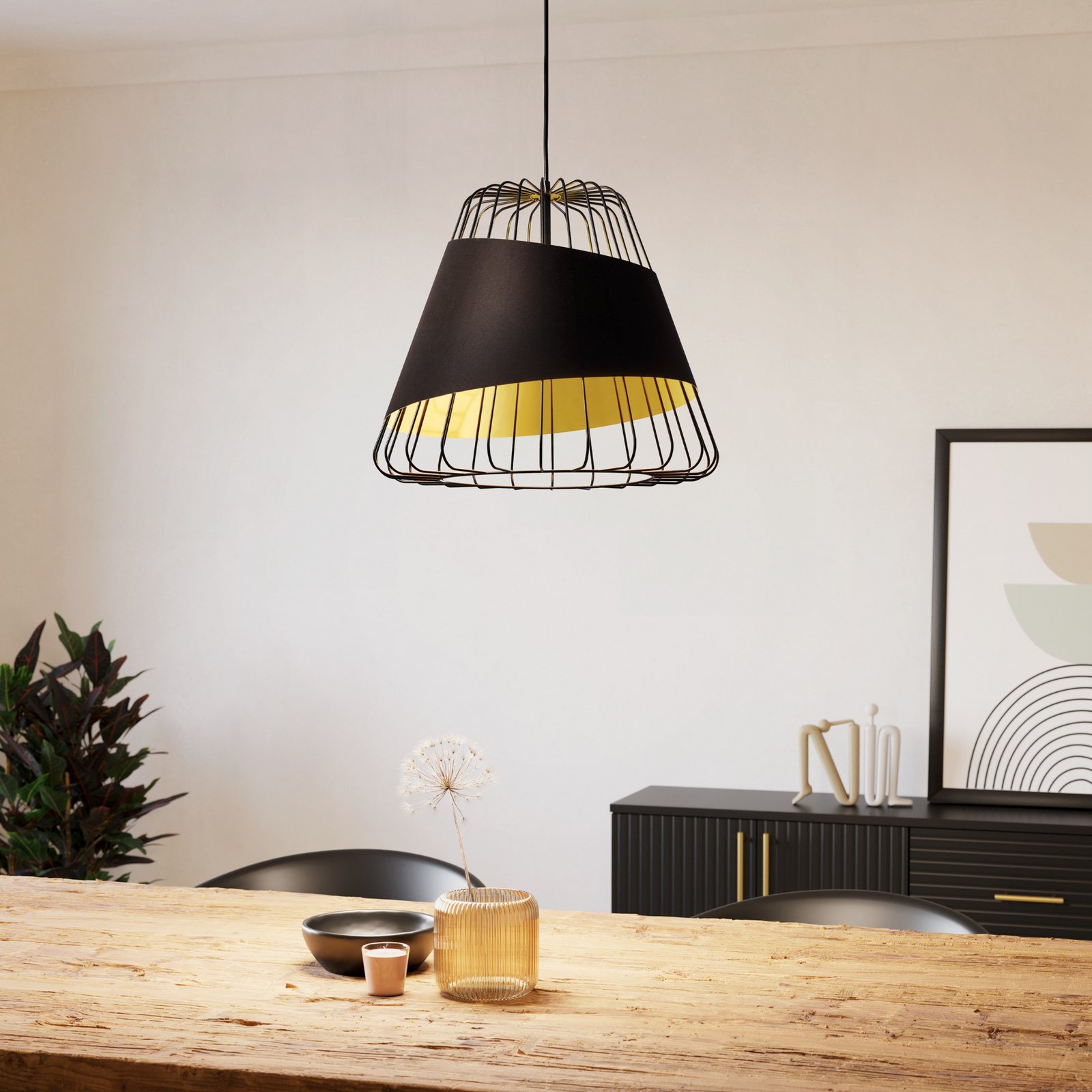 Austell pendellampa, Ø 43 cm, svart/guld, metall, tyg