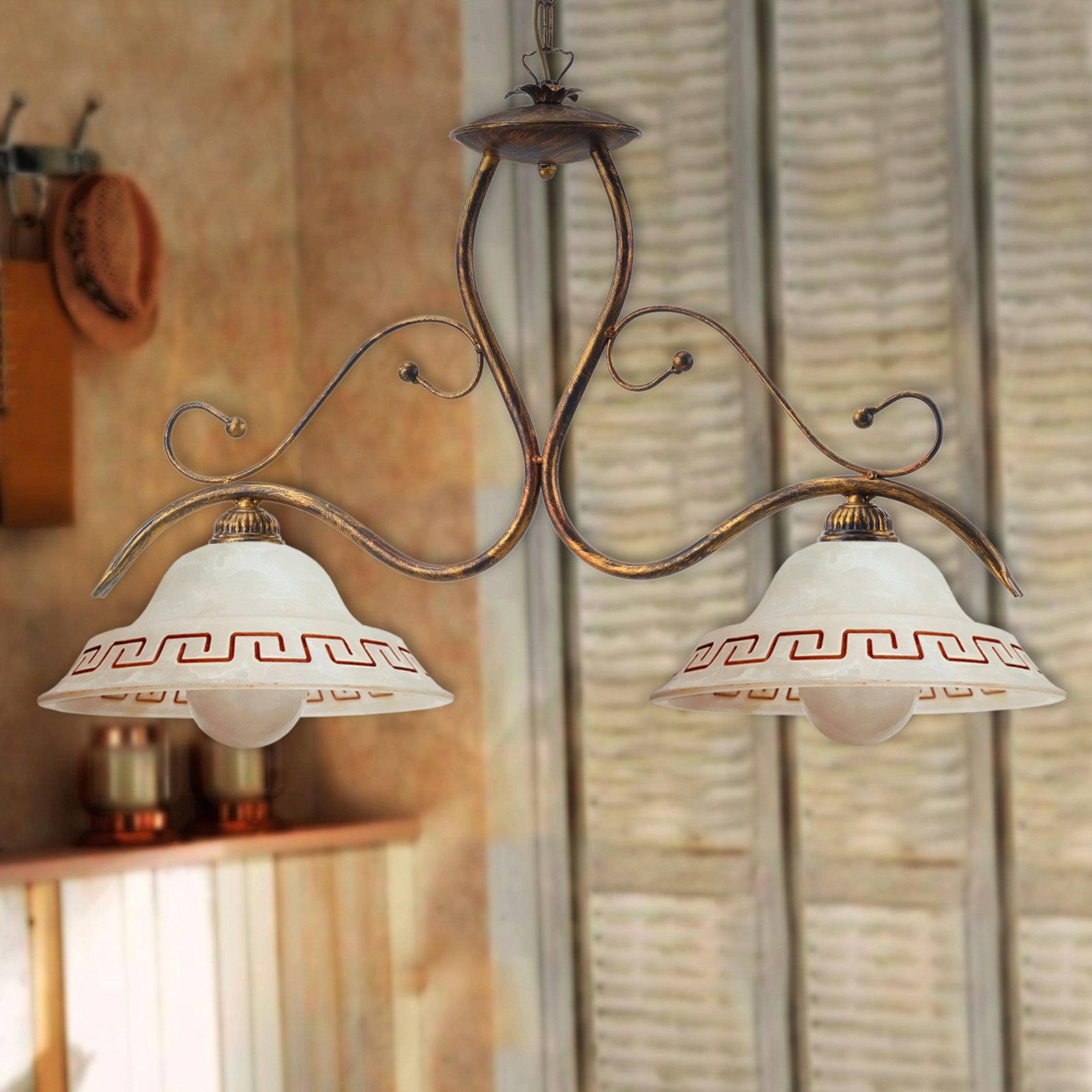 Hängelampe BILIARDO GIORGIO, creme/bronze, Glas/Eisen 2-flg.