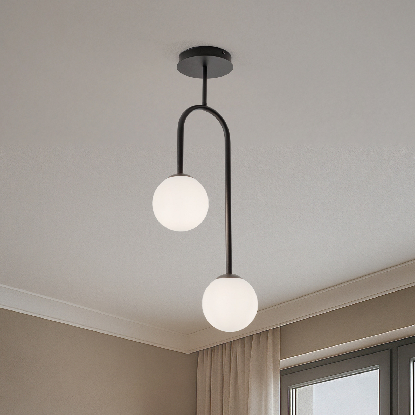 Plafonnier Atria, opale/noir, hauteur 76 cm, métal, à 2 lampes
