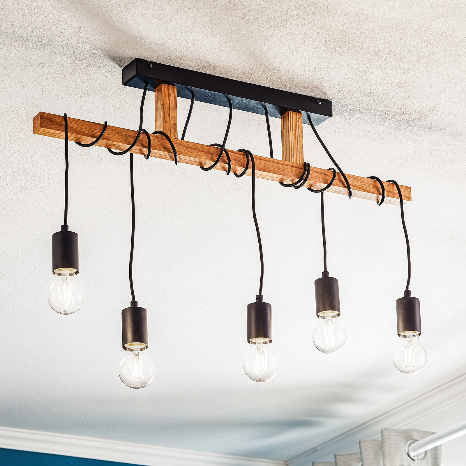 Hanglamp Tyske van hout, 5-lamps, zwart