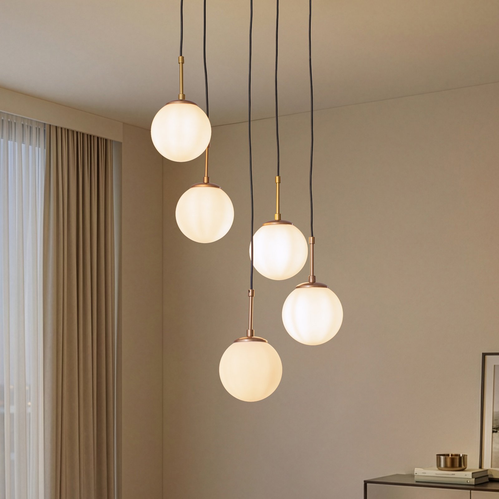 Orbital pendant light, white/gold, 5-bulb, glass, metal, E14 Orbital pendant light, white/gold, 5-bulb, glass, metal, E14