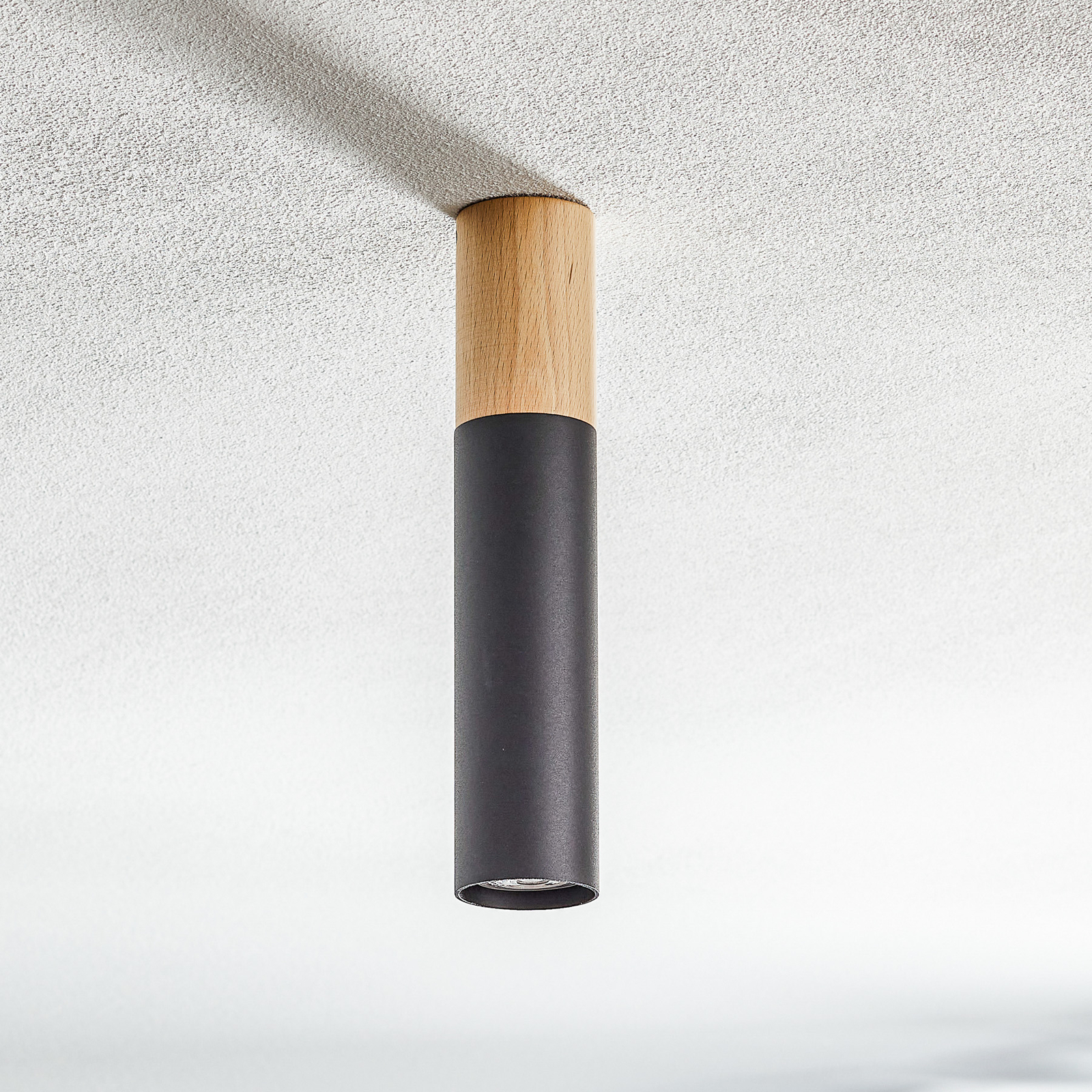 Plafonnier Tube forme cylindrique, bois/noir