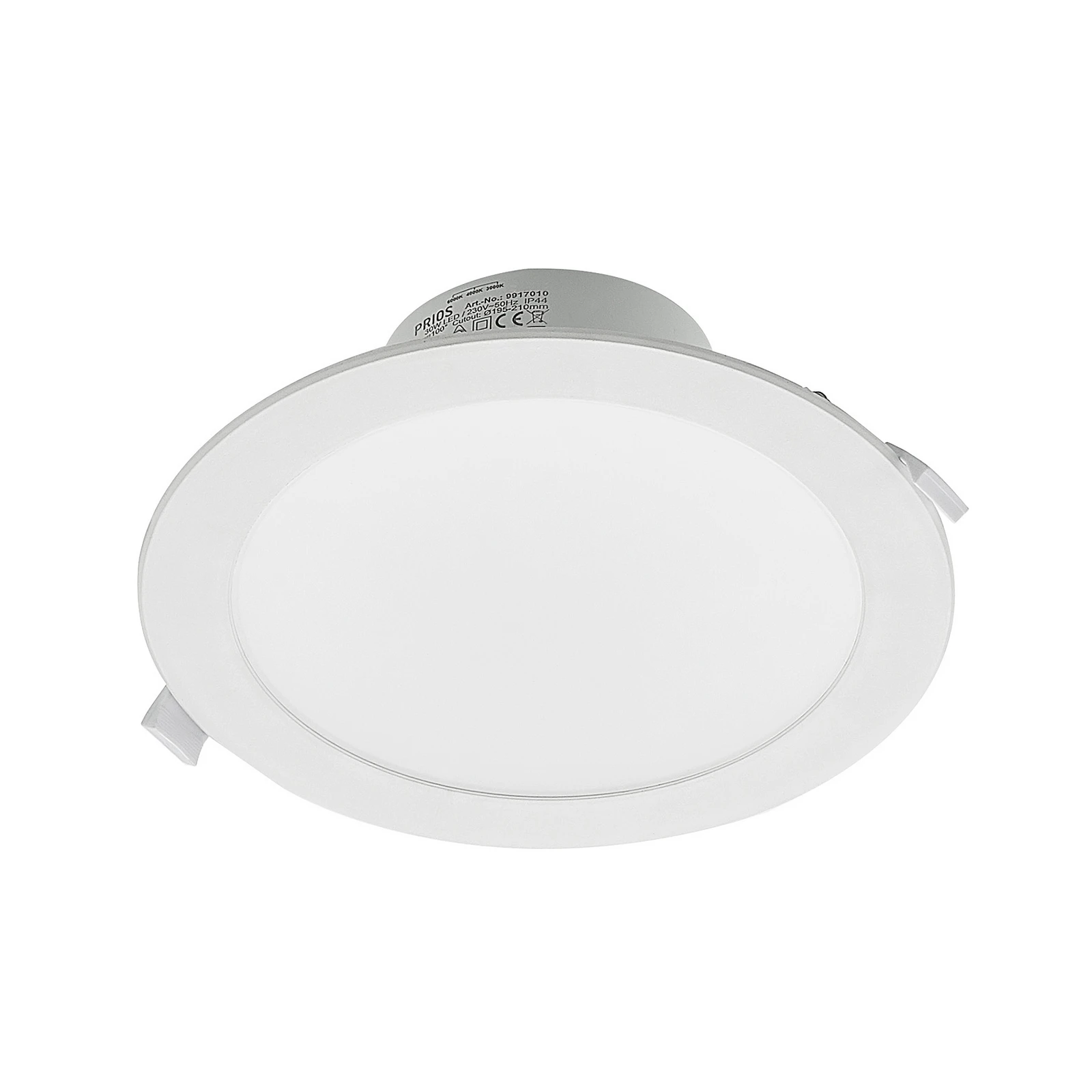 Prios LED vstavané bodové svietidlo Rida, biele. Ø 23 cm, 30 W, CCT, IP44