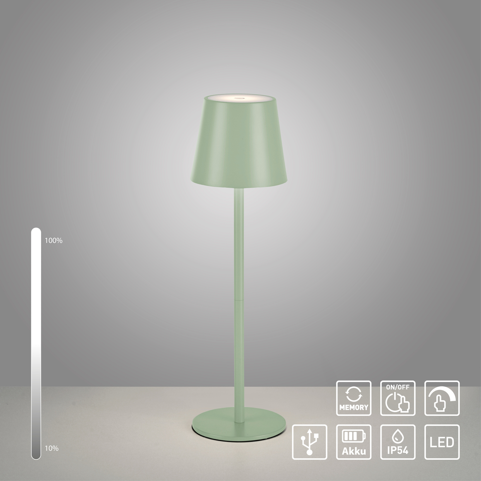 JUST LIGHT. Lampada da tavolo LED Euria ricaricabile, verde, ferro, IP54